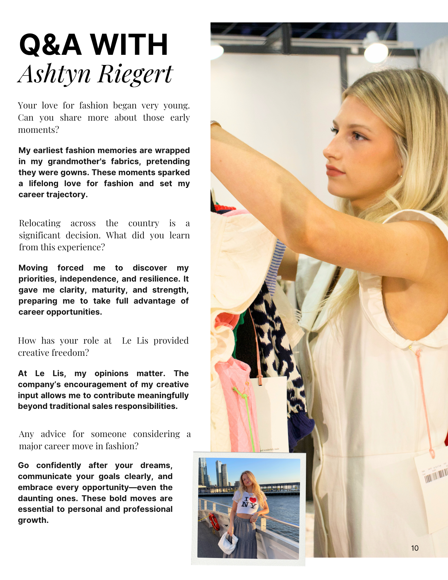 Two images of Ashtyn Riegert, left aligned with four questions and answers about her experience embracing a career in fashion.