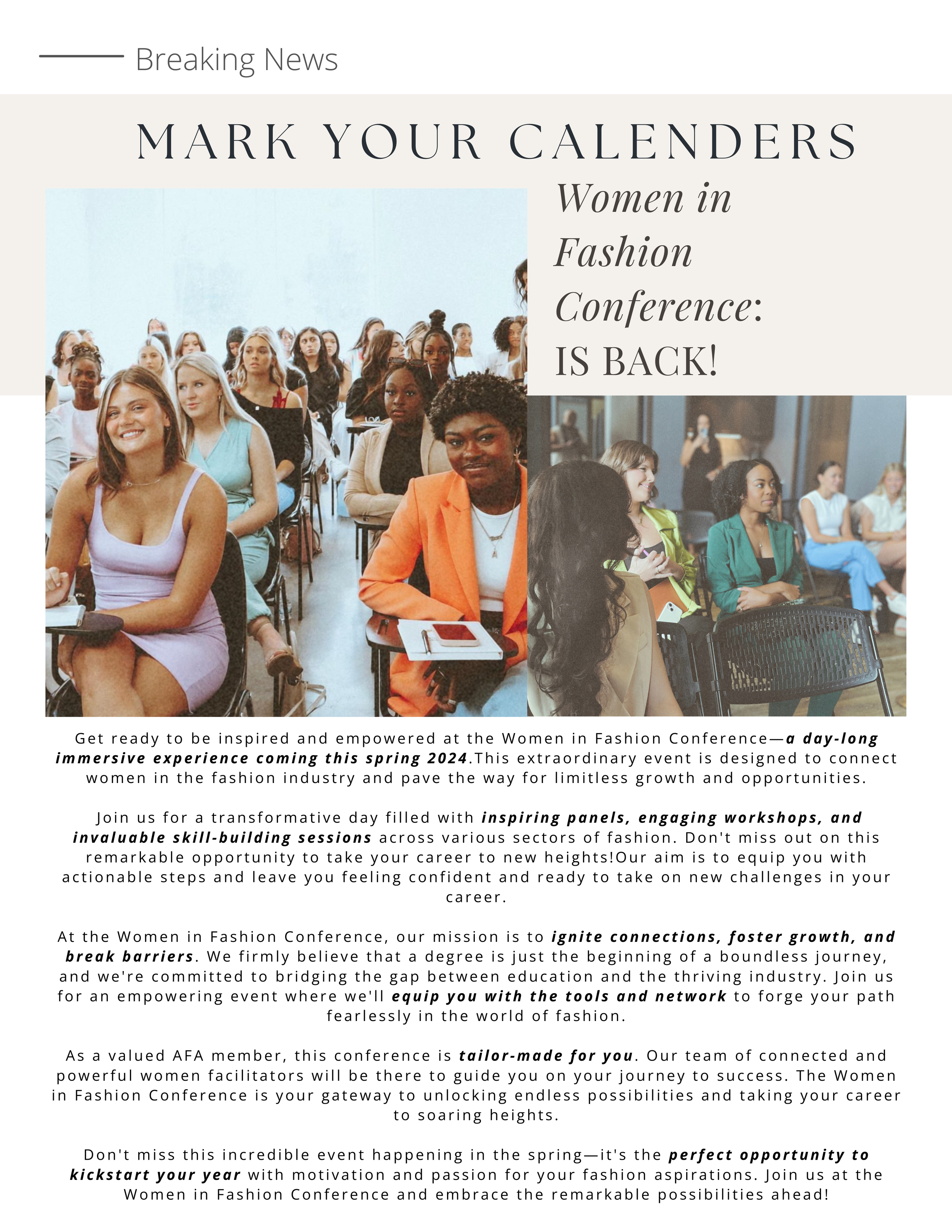 Magazine announcement by AFA Staffing about the upcoming Women in Fashion Conference in spring of 2024.