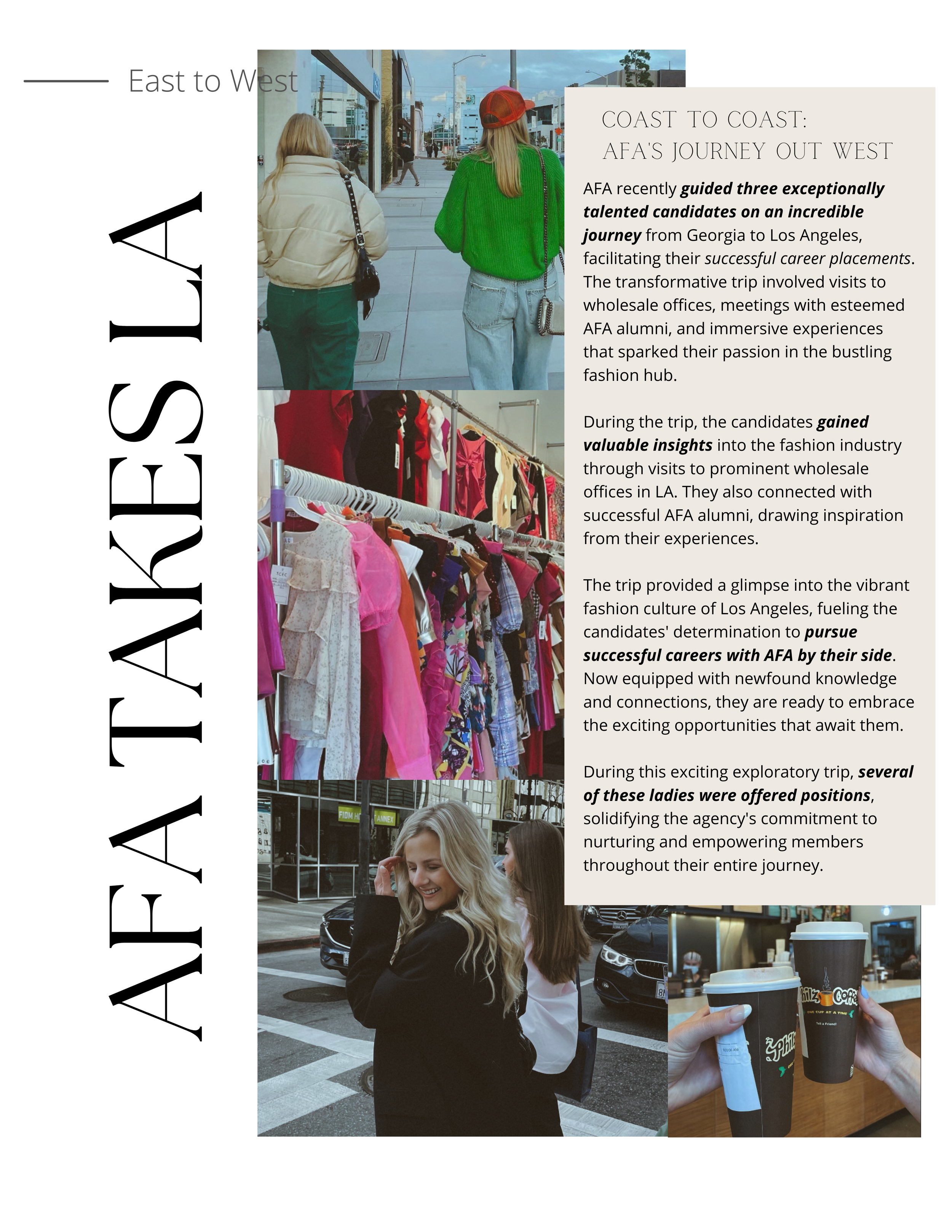 Magazine article exploring a recent trip to LA with three candidates from Georgia, where AFA facilitated successful career placements by  connecting them with and taking them to wholesale offices and garnering insights from esteemed AFA members.