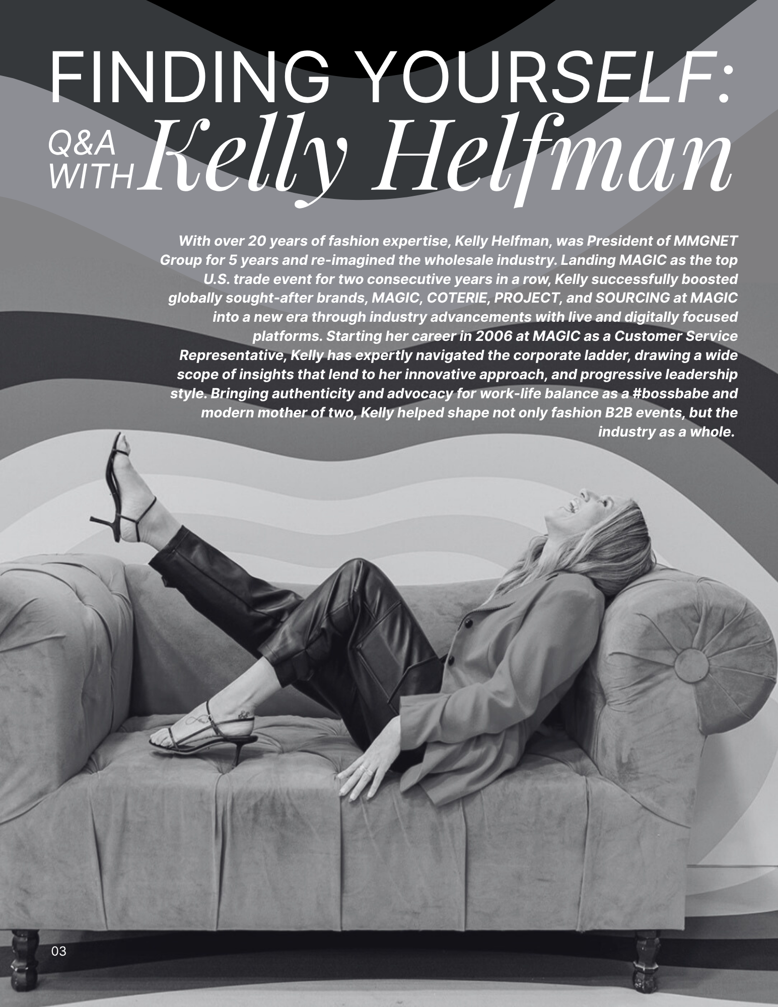 Black & white photo of Kelly Helfman lounging on a loveseat and laughing, with a biography of her work overhead and the article title.