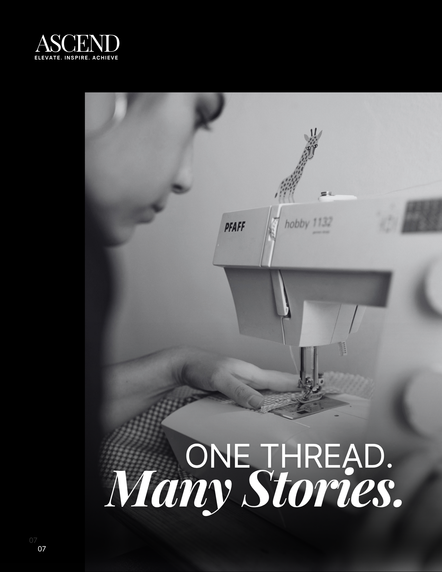 Visual break with black and white photo of woman using sewing machine.