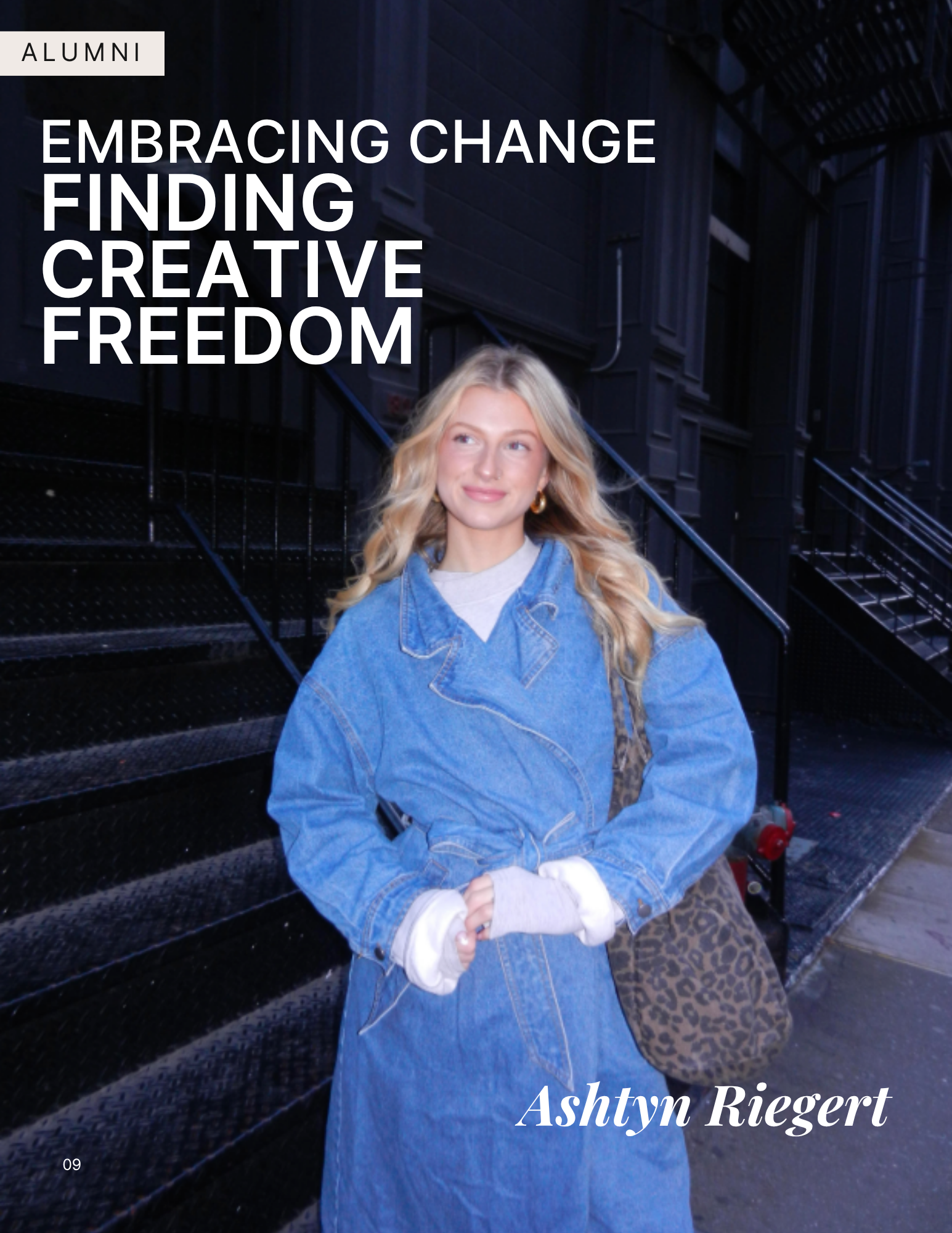 Full-page image of alumni member Ashtyn Riegert in denim jacket with cityscape background.