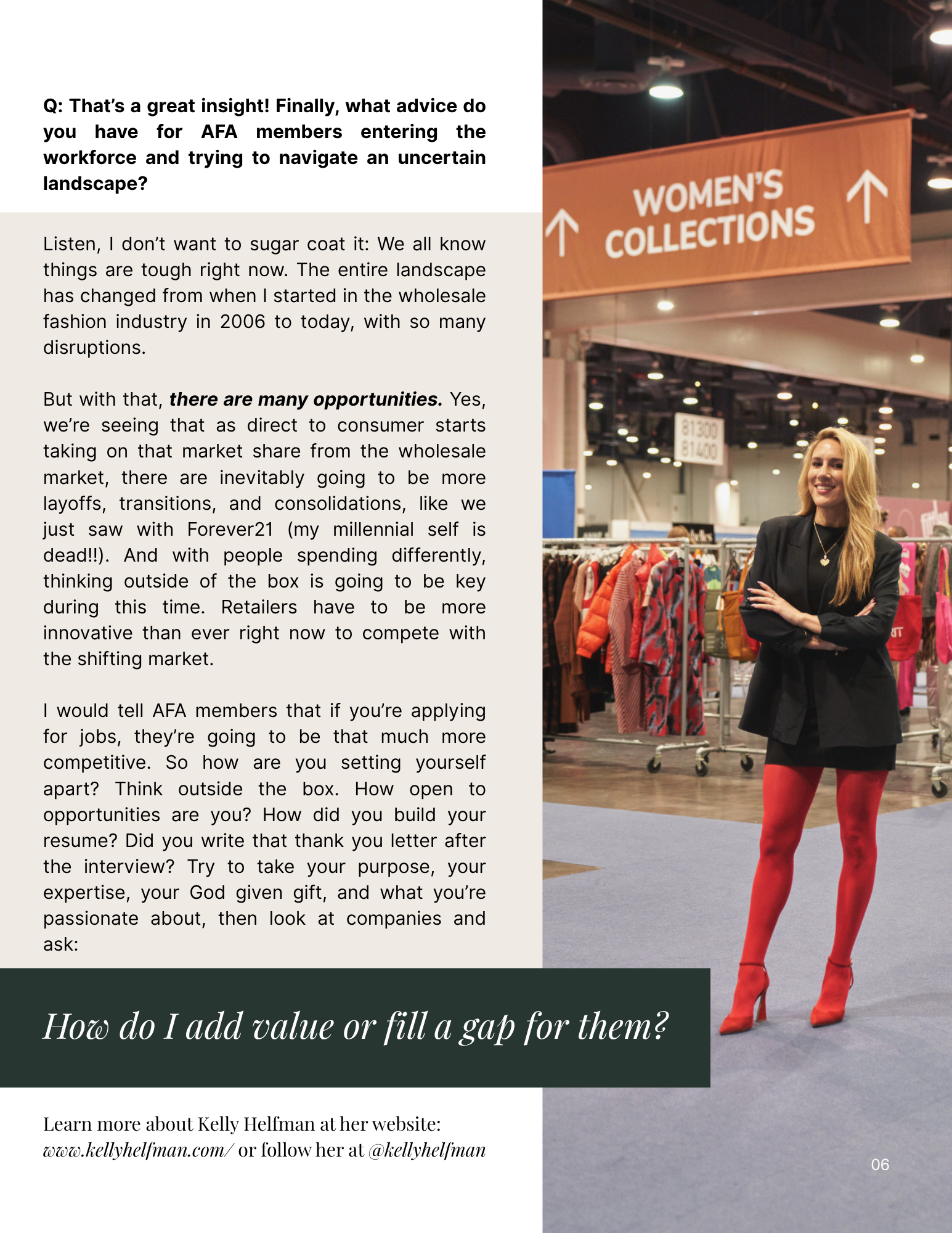 Kelly Helfman article page three with full-size, left aligned photo of Kelly at a fashion mart.