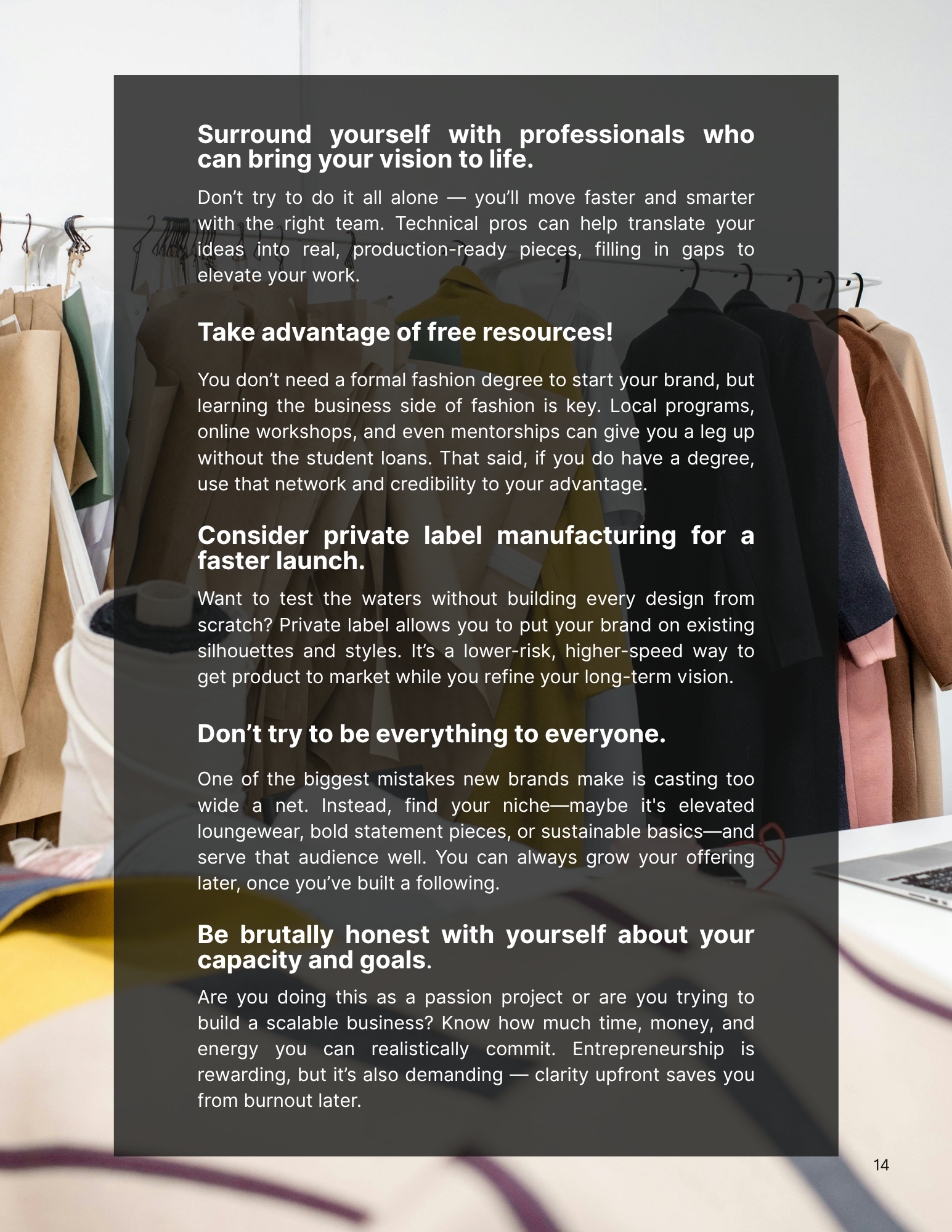 Article with five tips for starting a fashion line successfully, with a charcoal overlay against a photo of a fashion line.