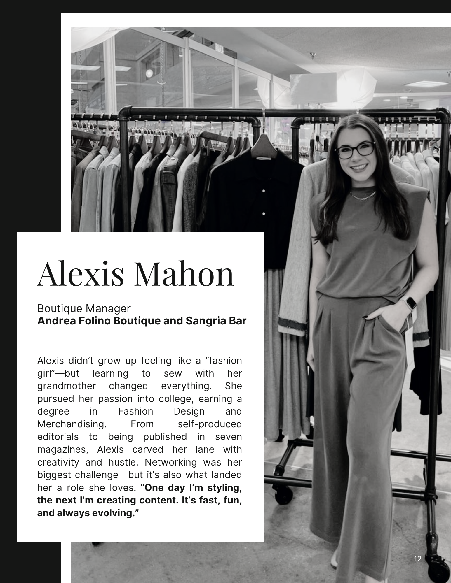Large image of Alexis Mahon with information card about experience embracing fashion.