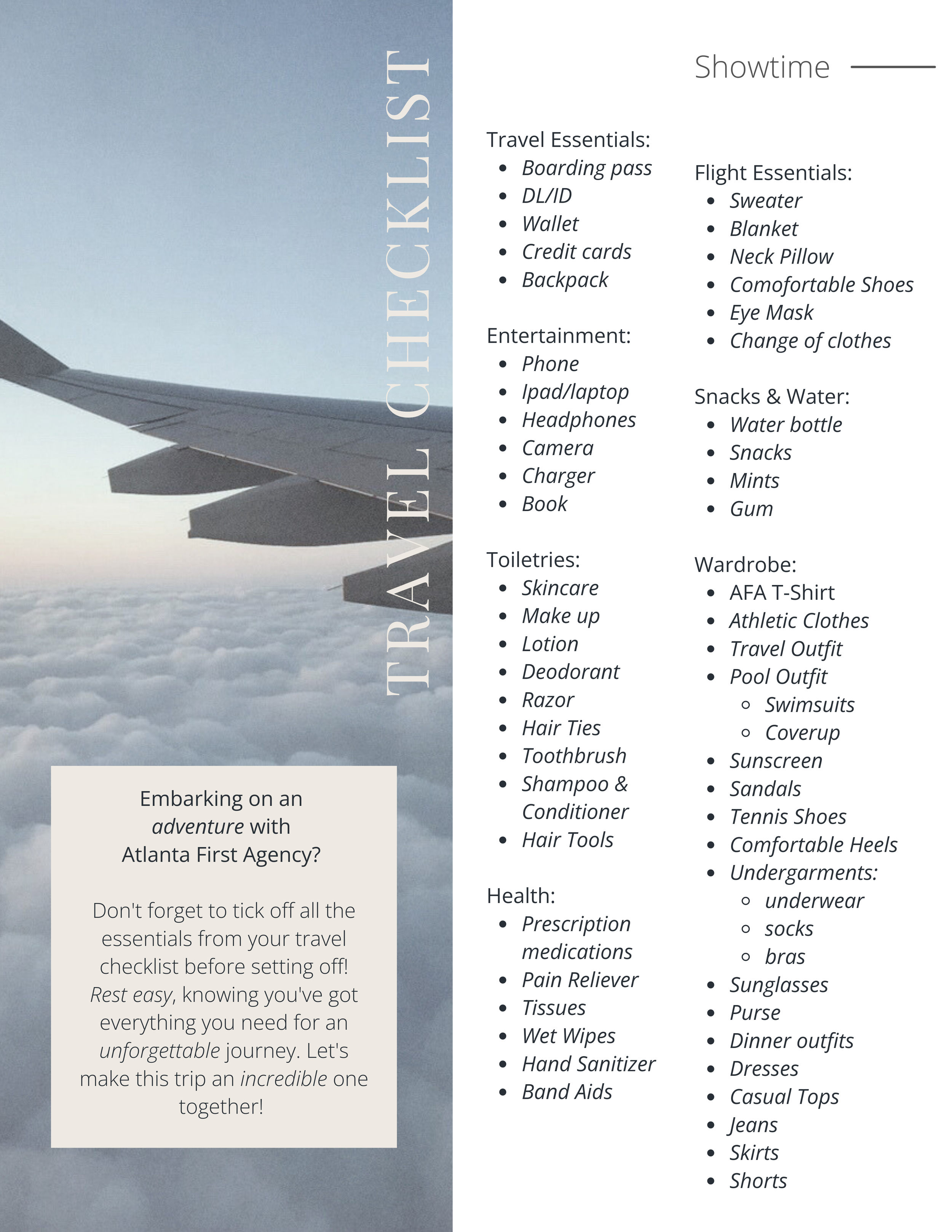 Magazine article with a checklist of travel essentials, flight essentials, entertainment, snacks & water,, toiletries, wardrobe, and health items for apparel show trips.