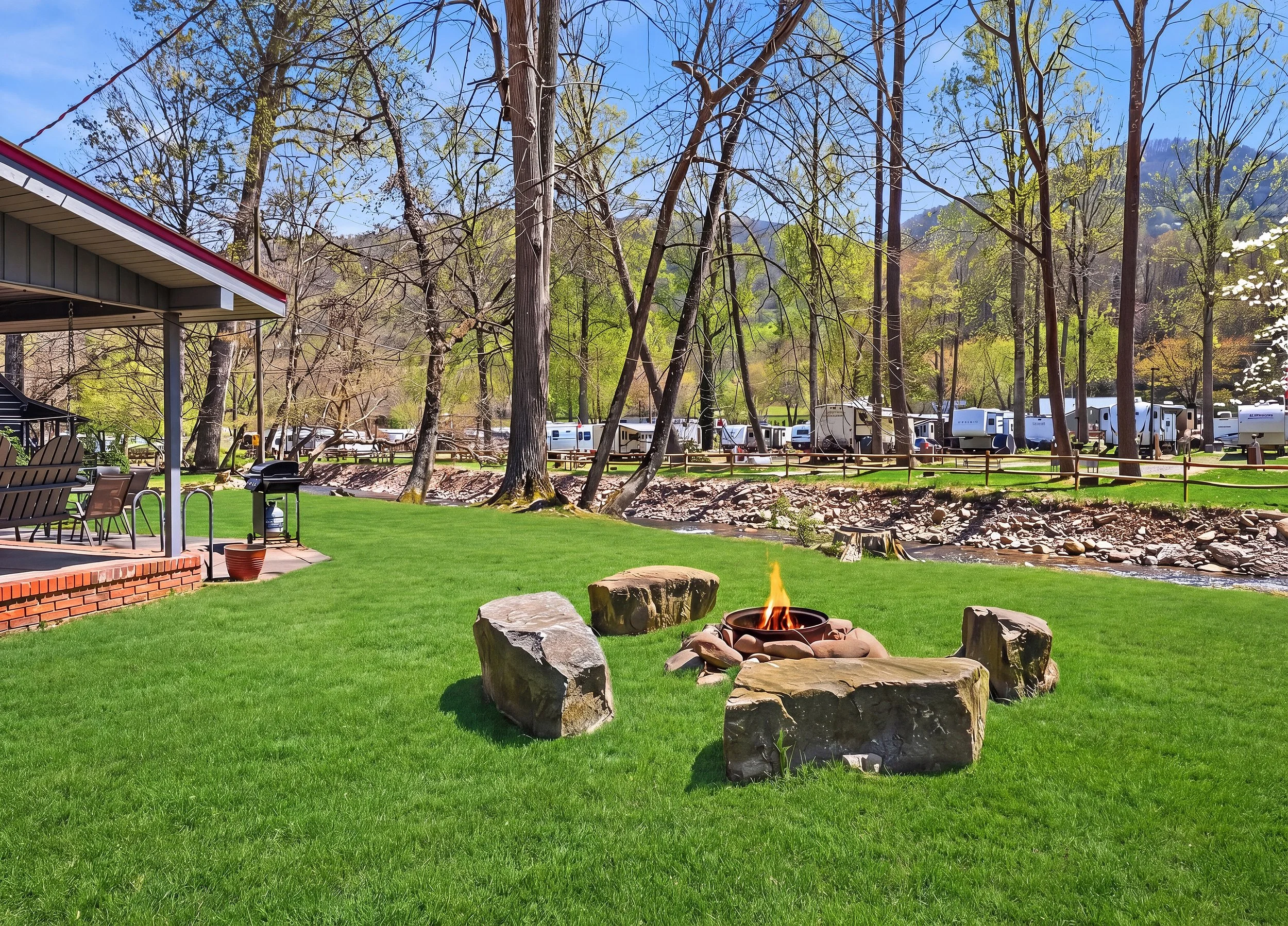 Enjoy a fire while sitting by the creek.