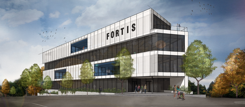 Rendering of a modern, multi-story building with the sign "Fortis" on top, surrounded by trees and people walking nearby.