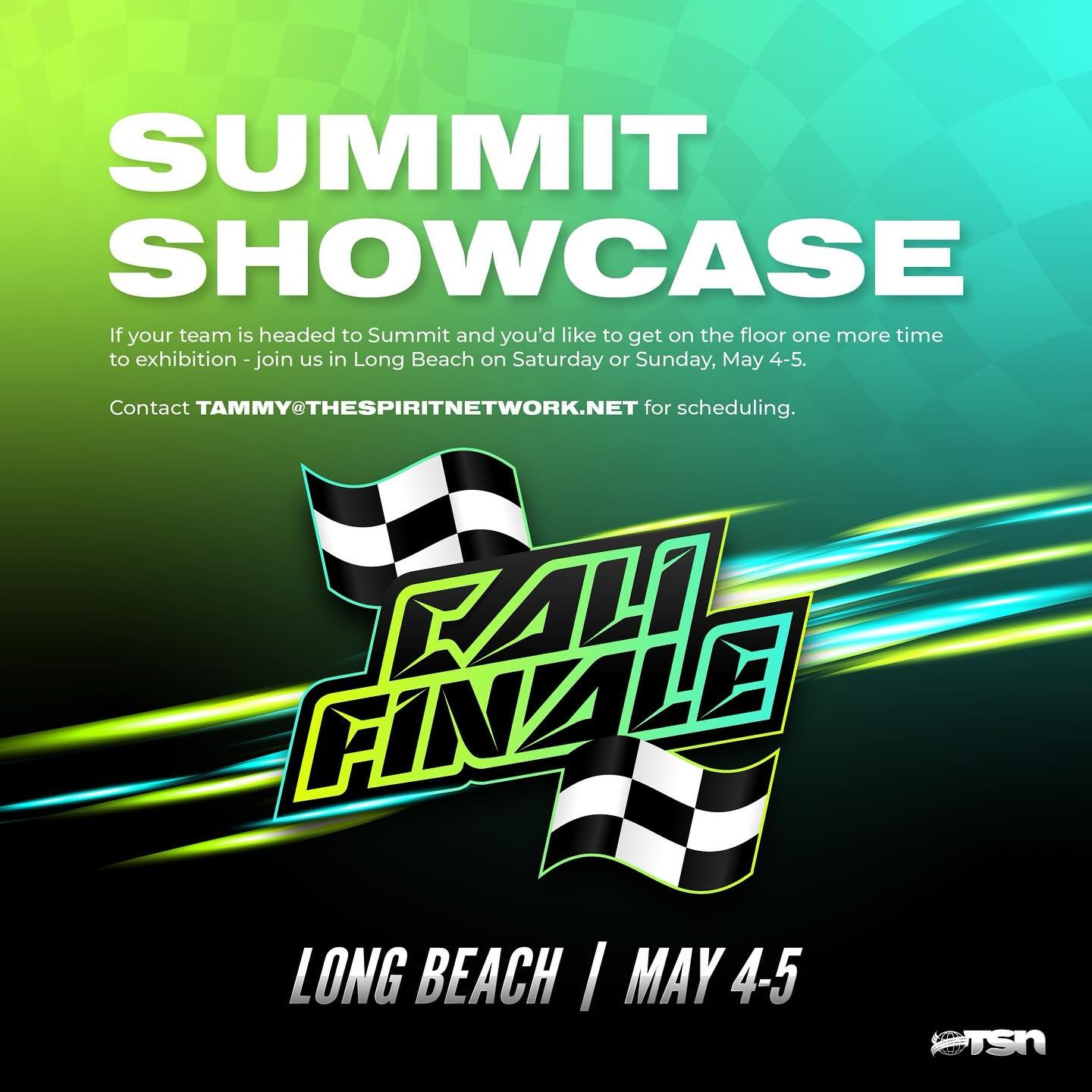 Headed to The Summit? Would your team like one more exhibition under the lights? Join us for Saturday or Sunday at TSN Cali Finale in Long Beach on May 4 or 5! For more information email tammy@thespiritnetwork.net 🏁💚🖤

#TSN #TheSpiritNetwork #alls