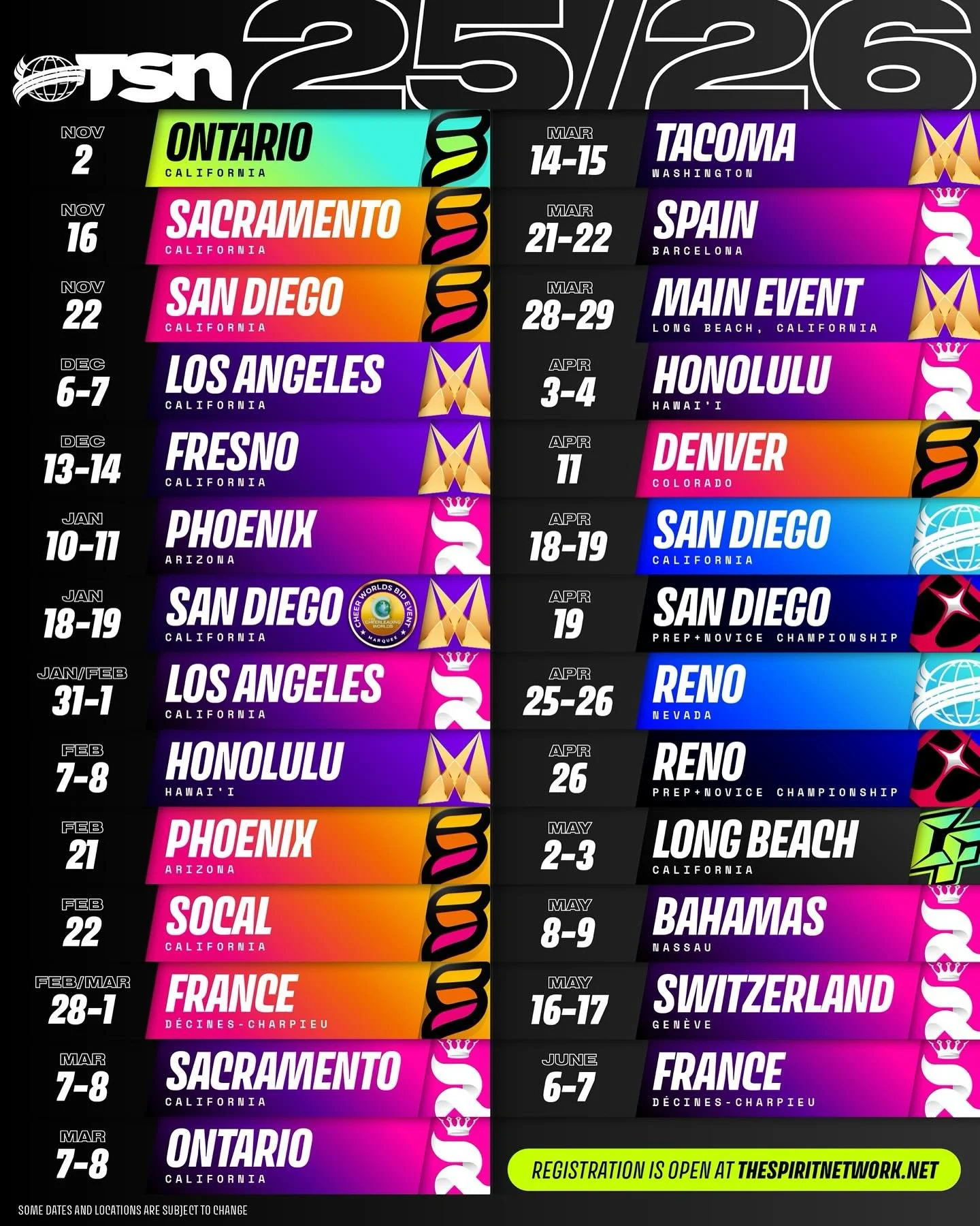Registration is OPEN for the 2025-2026 TSN event season! 
Check out our updated events above with more details on our website. Send us a message with any questions to get your teams registered today with the BEST pricing available! 
Which TSN event