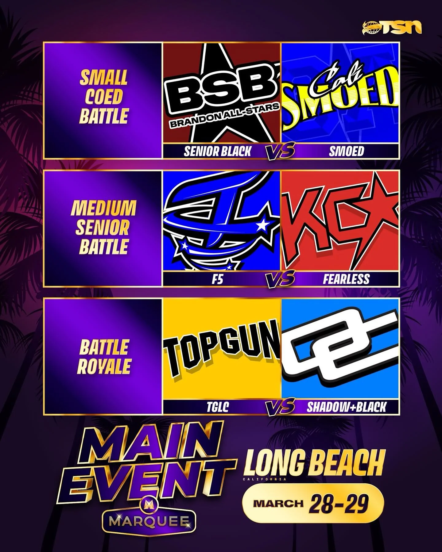 The Battle Rounds are LOCKED IN! Join us March 28-29th in Long Beach, California for this can’t-miss event! 🥊
Let us know which teams you’re rooting for down below ⬇️ 
#TheSpiritNetwork | #MainEvent