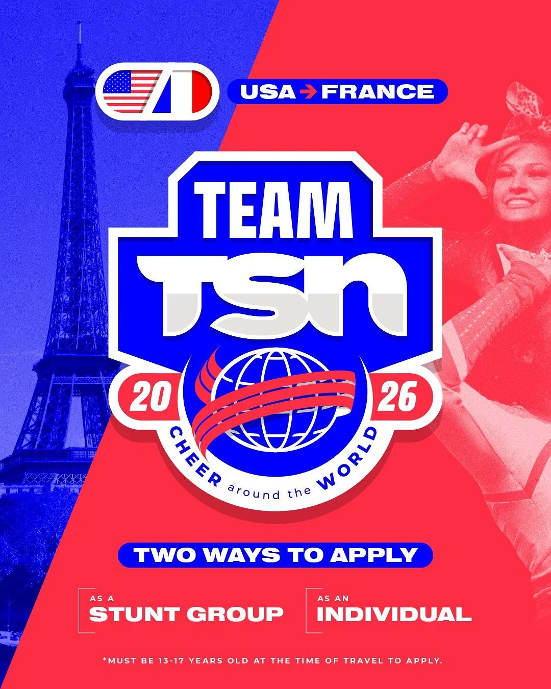Applications are open for Team TSN! Come be a part of an unforgettable experience in 2026. Don’t miss out on:
⭐️ Team performance at our France event
⭐️ Exclusive Team TSN merch and performance wear
⭐️ City tours and sightseeing 
⭐️ Internatio