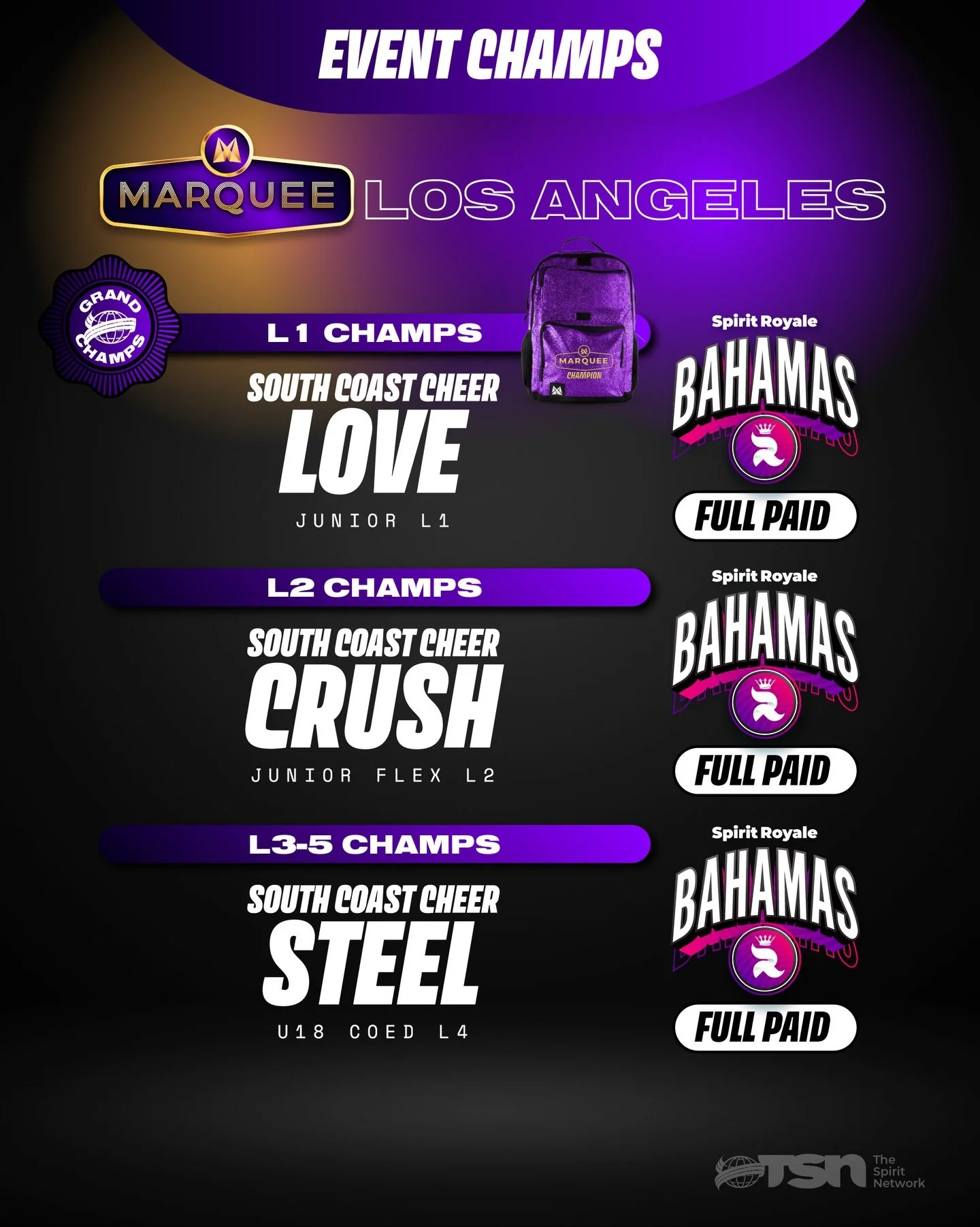 Let&rsquo;s hear it for all of our LA Marquee champions and bid winners from the weekend! 👏

#TheSpiritNetwork | #LAMarquee