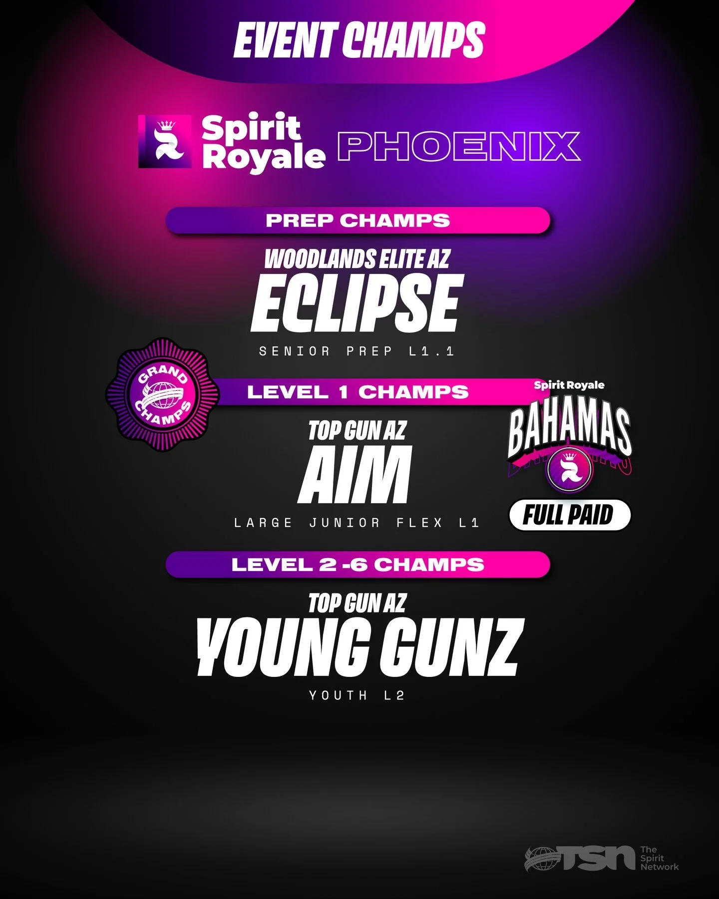 Congratulations to our Event Champs and bid winners from the Phoenix Spirit Royale! 

The talent was off the charts and we look forward to returning to Phoenix in February for the Spirit Championships! 🩷

#TheSpiritNetwork | #PhoenixRoyale