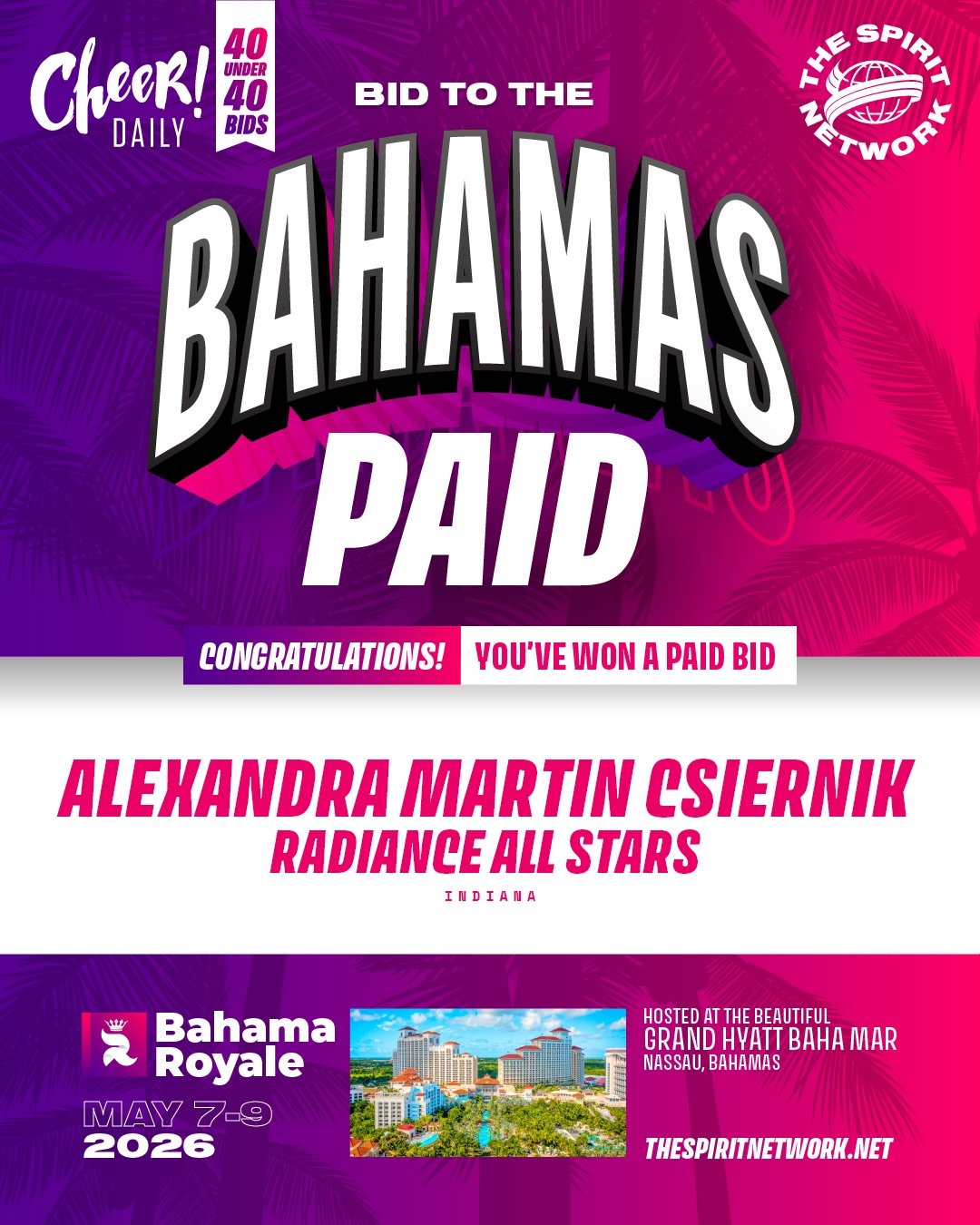 We&rsquo;ve got some bids to give out! 💰

We&rsquo;re awarding bids each week to the @cheerdailyig 40 under 40 award winners. We can&rsquo;t wait to see these programs join us in the BAHAMAS! 🌴

#TheSpiritNetwork | #TSNInternational
