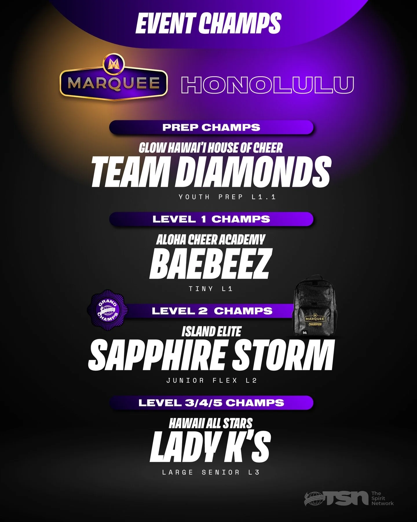 Congratulations are in order for these champions and bid winners from the 2026 Hawaii Marquee! 

The talent this past weekend was UNBELIEVABLE. We can&rsquo;t wait to return to Honolulu this April for the Hawaii Spirit Royale! 💜

#TheSpiritNetwork |