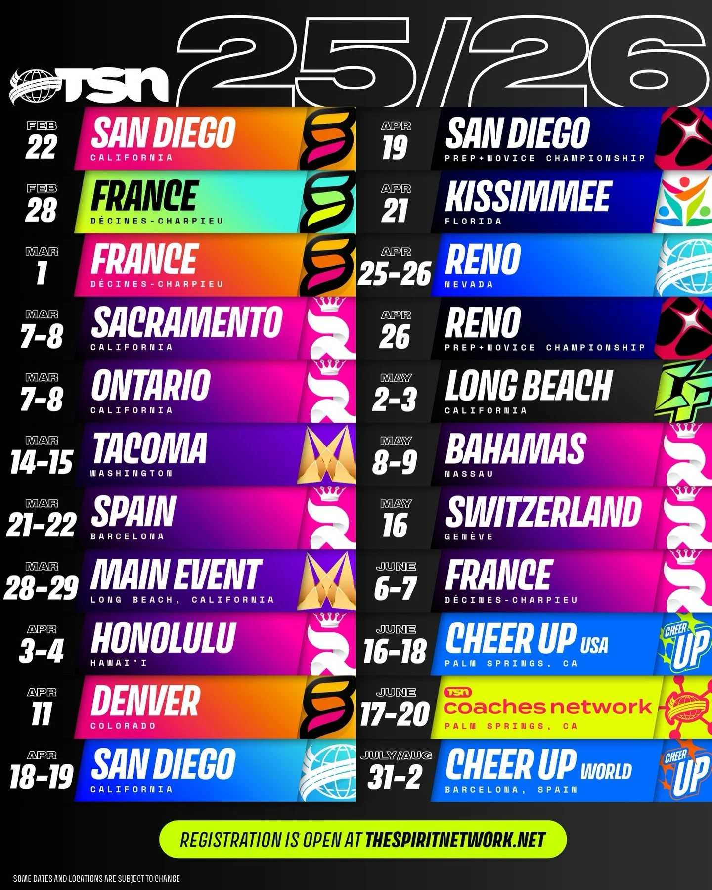 Registration is open for our 2026 CheerUp camps as well as our US Coaches Conference coming this June! 

Need assistance registering your athletes or staff? Send us a message and we will help get you started! 

Which TSN events are on your schedule t