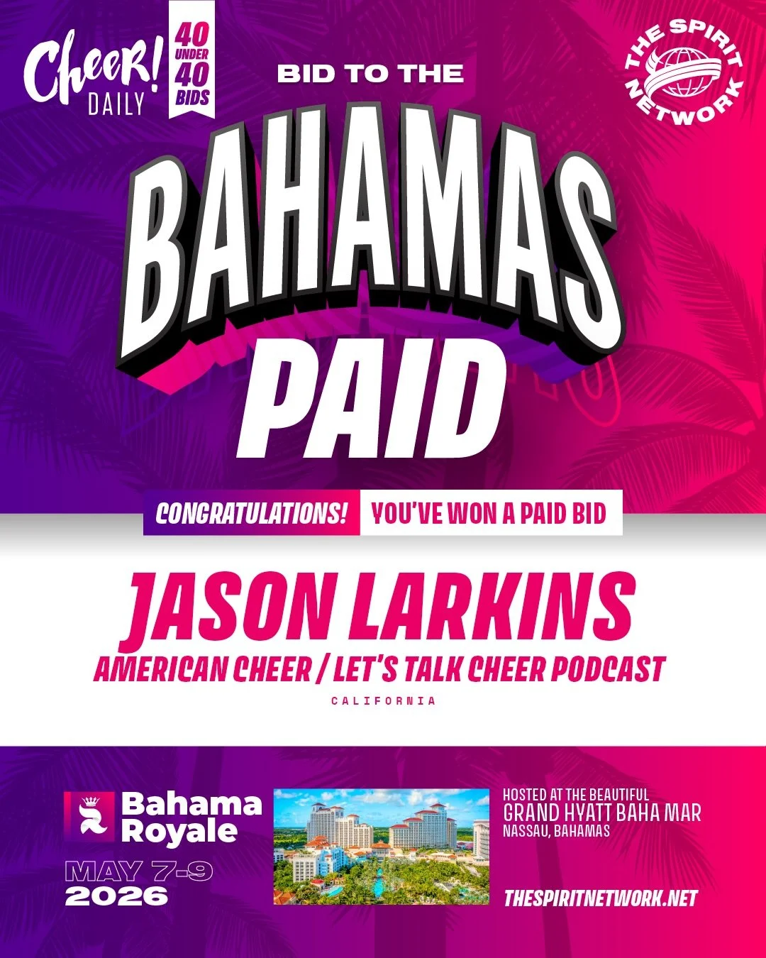 The @cheerdailyig 40 under 40 Bahamas bid winners continue!

We can&rsquo;t wait to spend Mother&rsquo;s Day in paradise with these programs. Send us a message today to find out how you can get your teams to the Bahamas for a weekend full of TSN fun!
