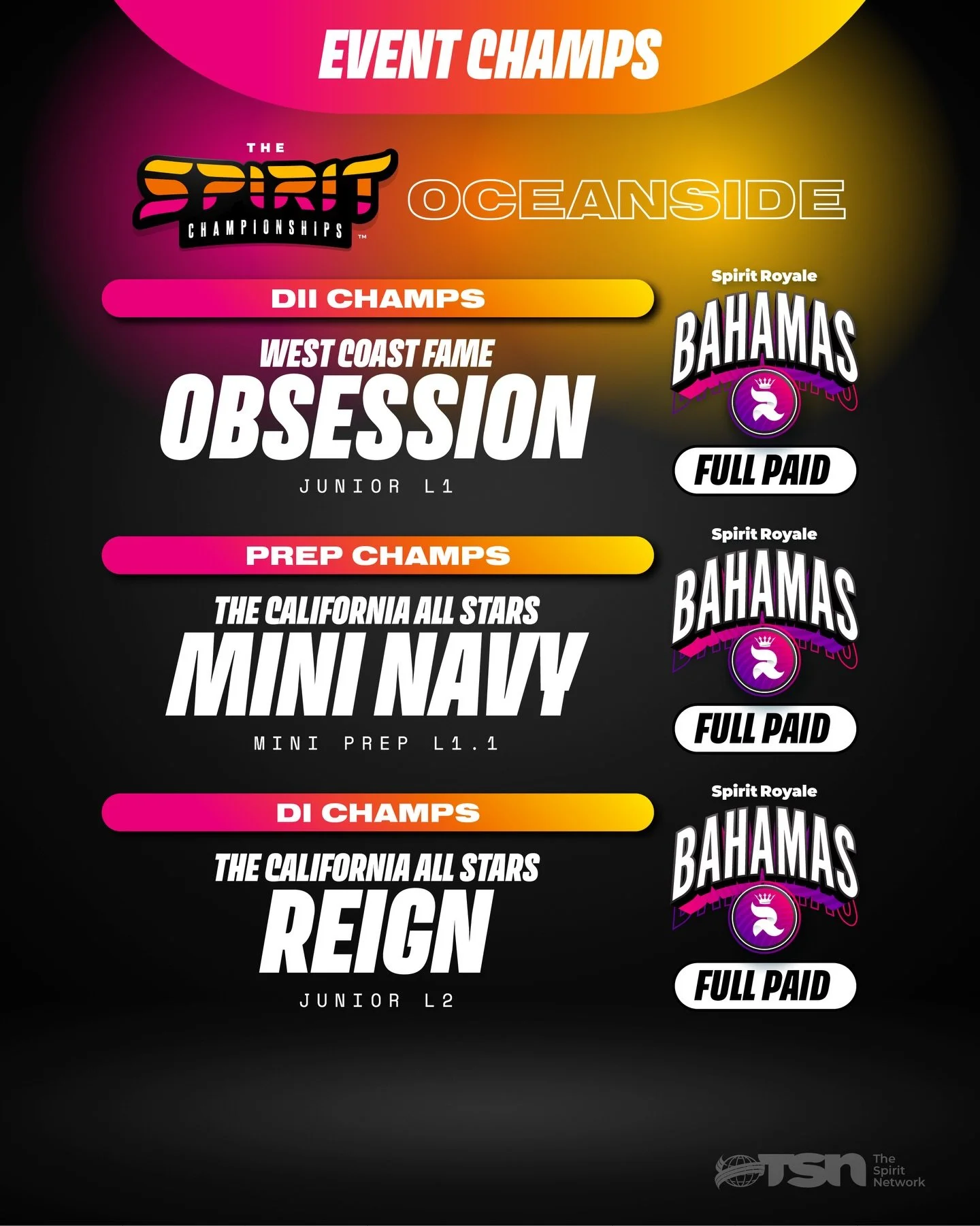 It&rsquo;s time to CELEBRATE! 🎉 

Congratulations to all of our Oceanside Spirit Championship winners as well as those that took home bids to the Bahama Royale and Cali Finale! 

#TheSpiritNetwork | #SanDiegoSpiritChampionships