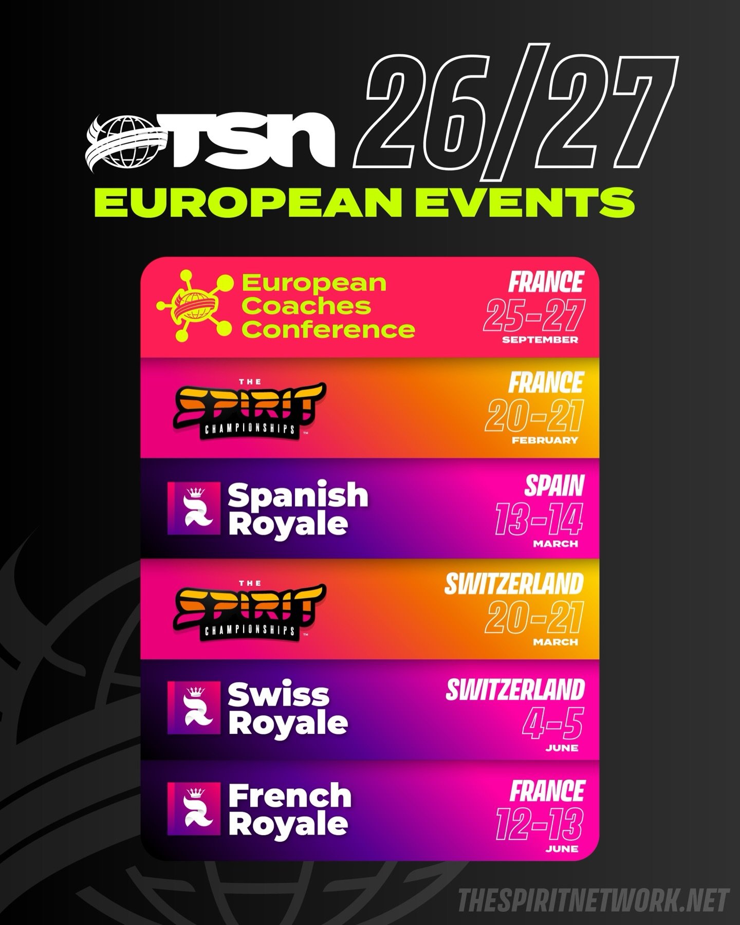 ✨The Spirit Network&rsquo;s 2026&ndash;2027 European Event Dates are officially LIVE! ✨

Get ready for bigger events, louder crowds, and unforgettable moments with your team. From the moment you enter the venue to the final awards, this upcoming seas