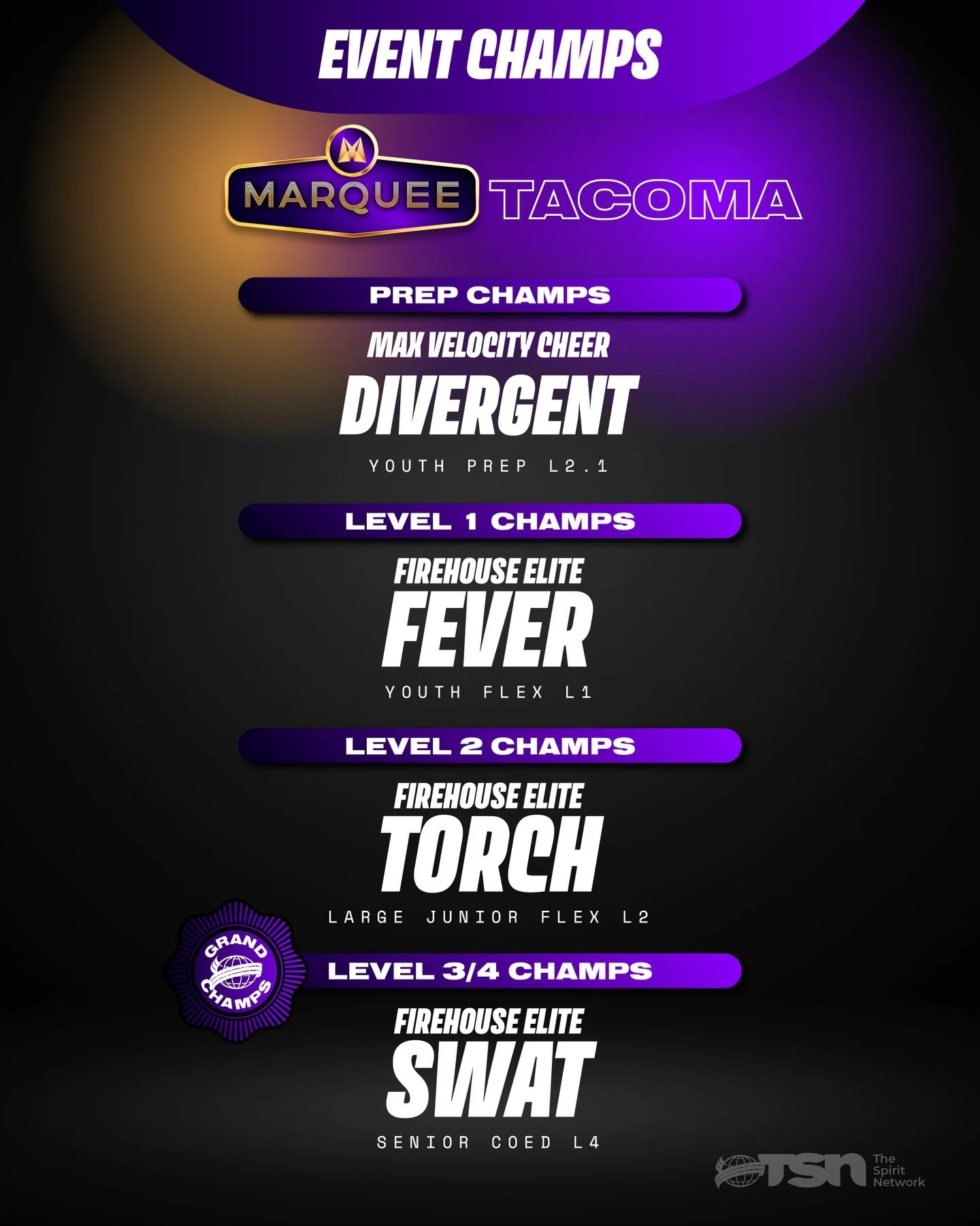 Let&rsquo;s hear it in the comments for these CHAMPS from the Tacoma Marquee! 💜

Show your program some love down below ⬇️ 

#TheSpiritNetwork | #TacomaMarquee