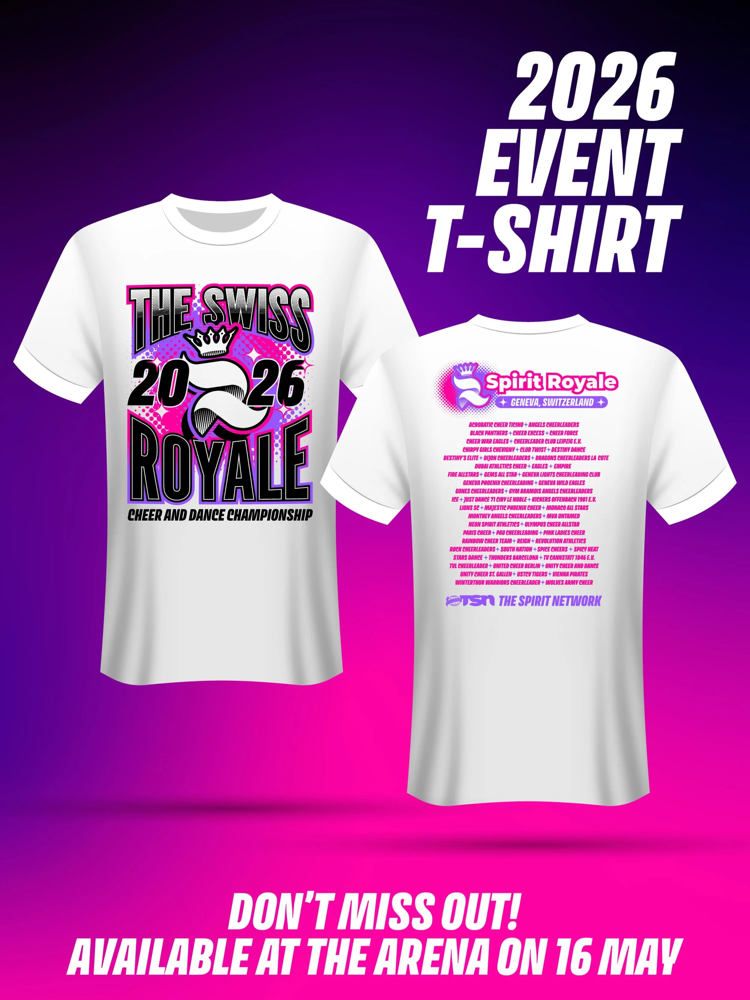 Don&rsquo;t miss out on your chance to get your hands on our 2026 Swiss Royale Event tee! 💗

We anticipate a quick sell out. Check out the info below to find out how you can get yours!

📍Geneva Arena 
🗓️ 16 May, 2026
💰 30 CHF

#TheSpiritNetwork |