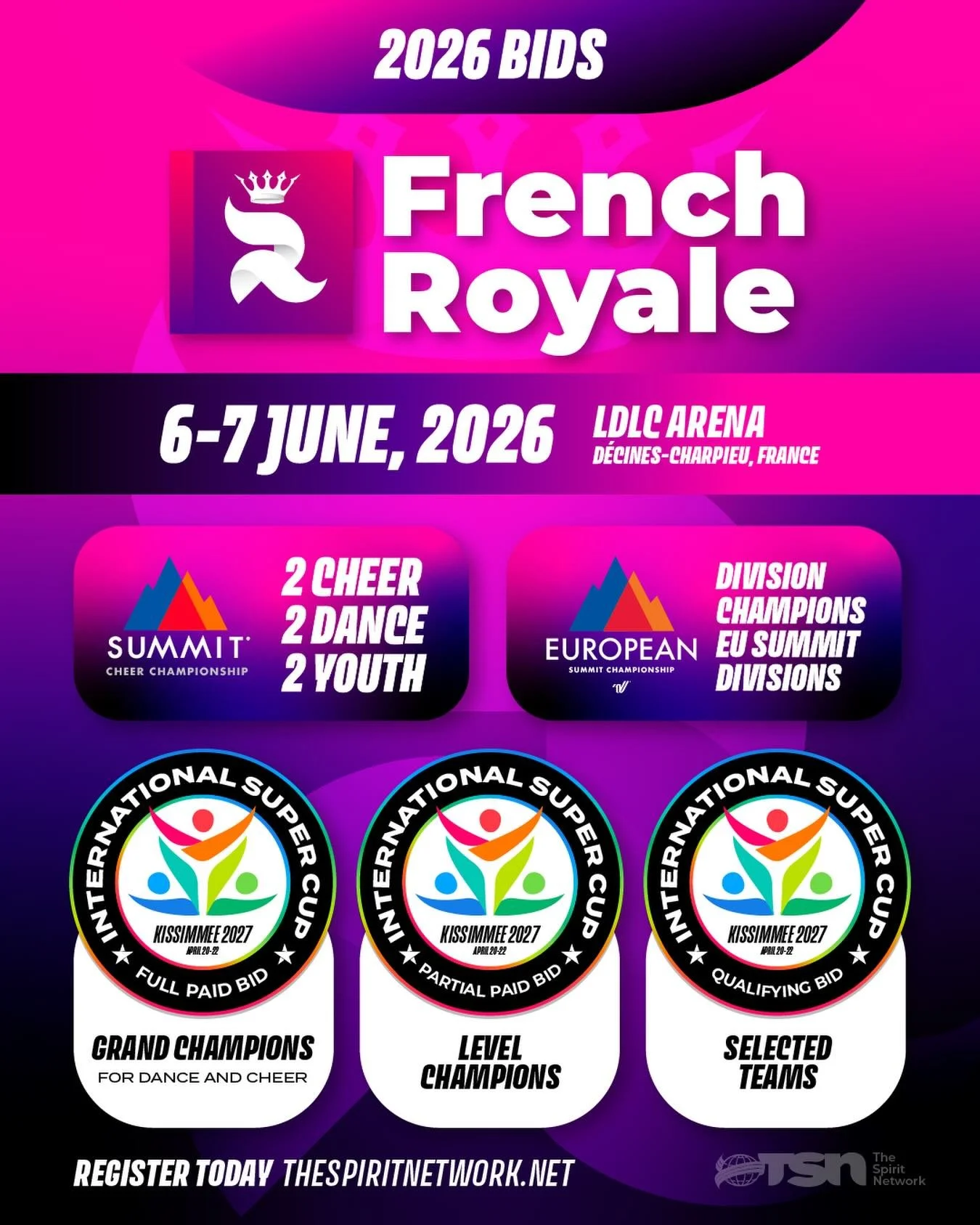 It&rsquo;s not too late to bring your team to the 2026 French Royale! 🇫🇷

Check out all of the bids we will be offering in France June 6-7, 2026. Send us a message today to get your team registered to compete with The Spirit Network! 

#TheSpiritNe