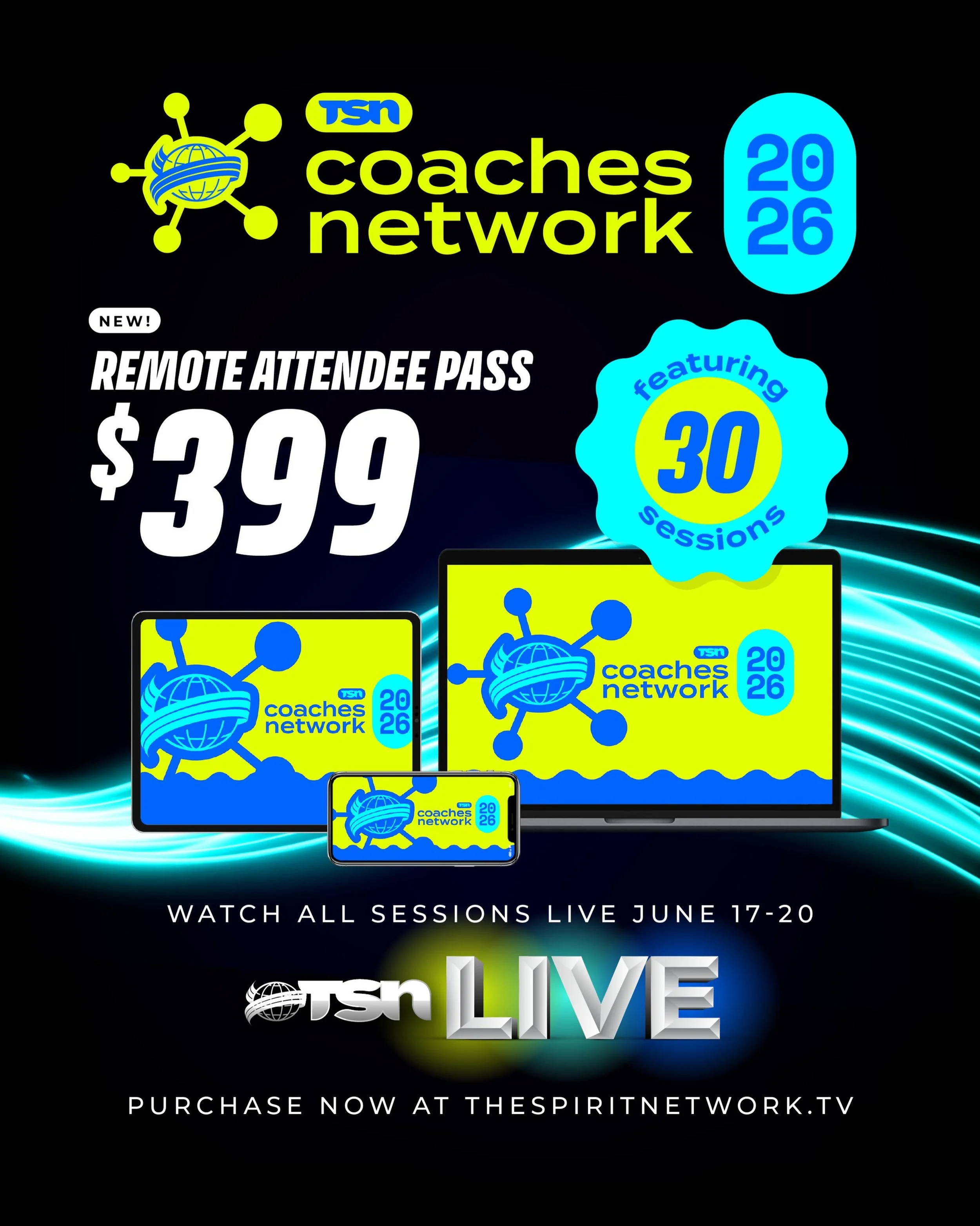 Don&rsquo;t want to miss out on the TSN Coaches Conference but can&rsquo;t join us in person? NO PROBLEM! 😉 

Join us over the course of 30 different sessions via our live streaming platform this coming week. This is your chance for your staff to le