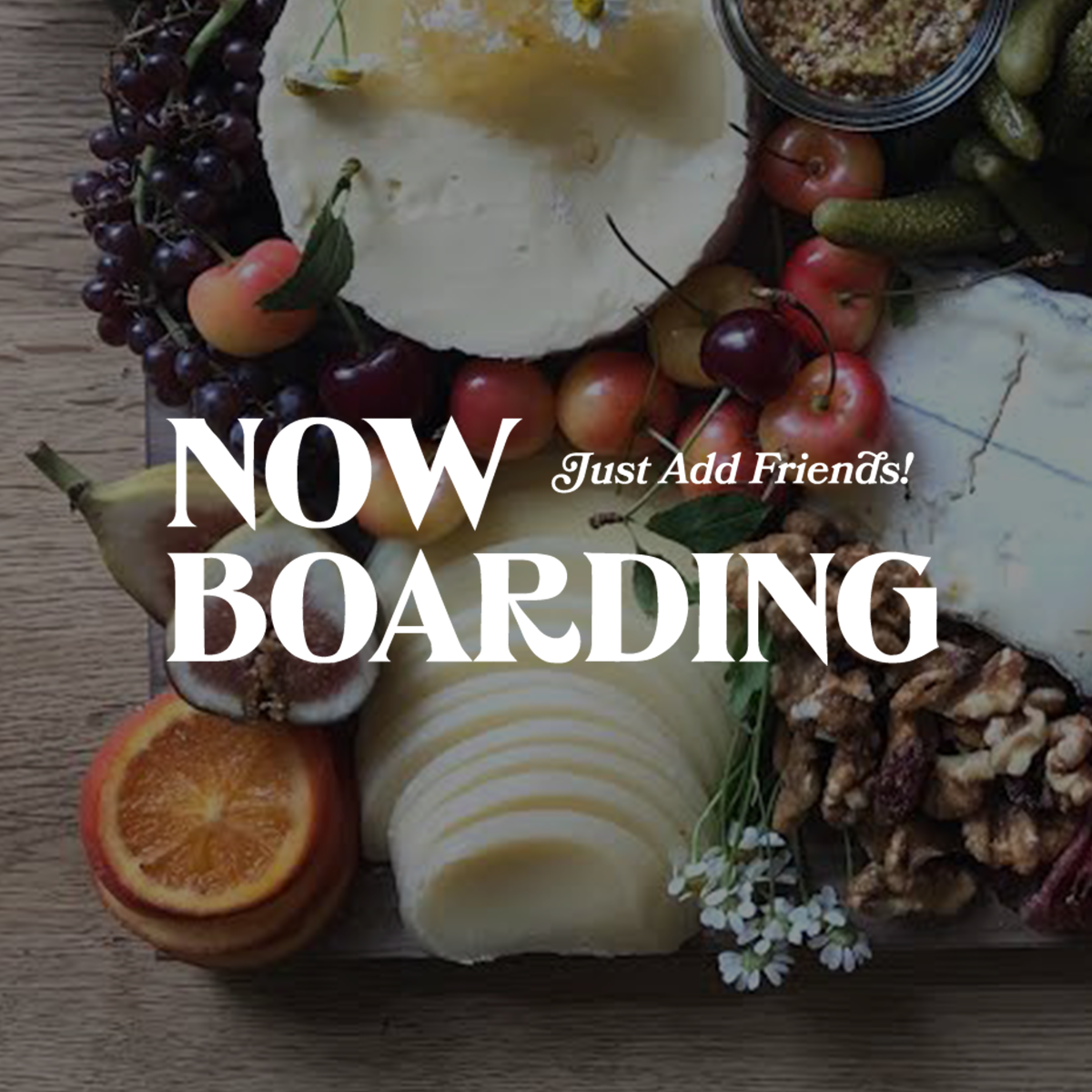 Cheese Board with Now Boarding Logo