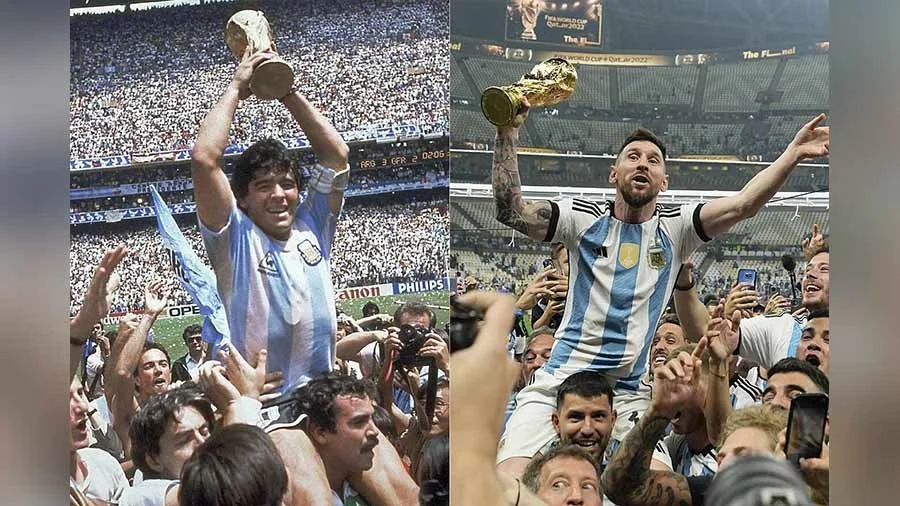 Diego Maradona and Lionel Messi being lifted by their team mates after World Cup Victory with Argentina
