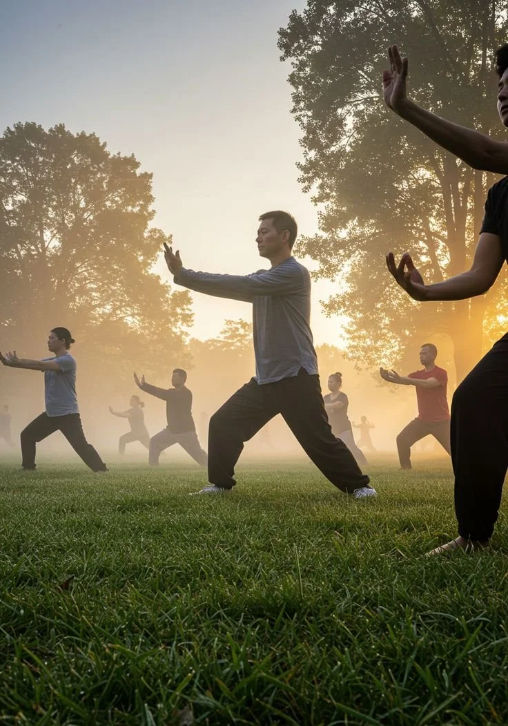 A practitioner performing qi gong movements outdoors, demonstrating the flowing posture and intentional positioning central to the practice.
