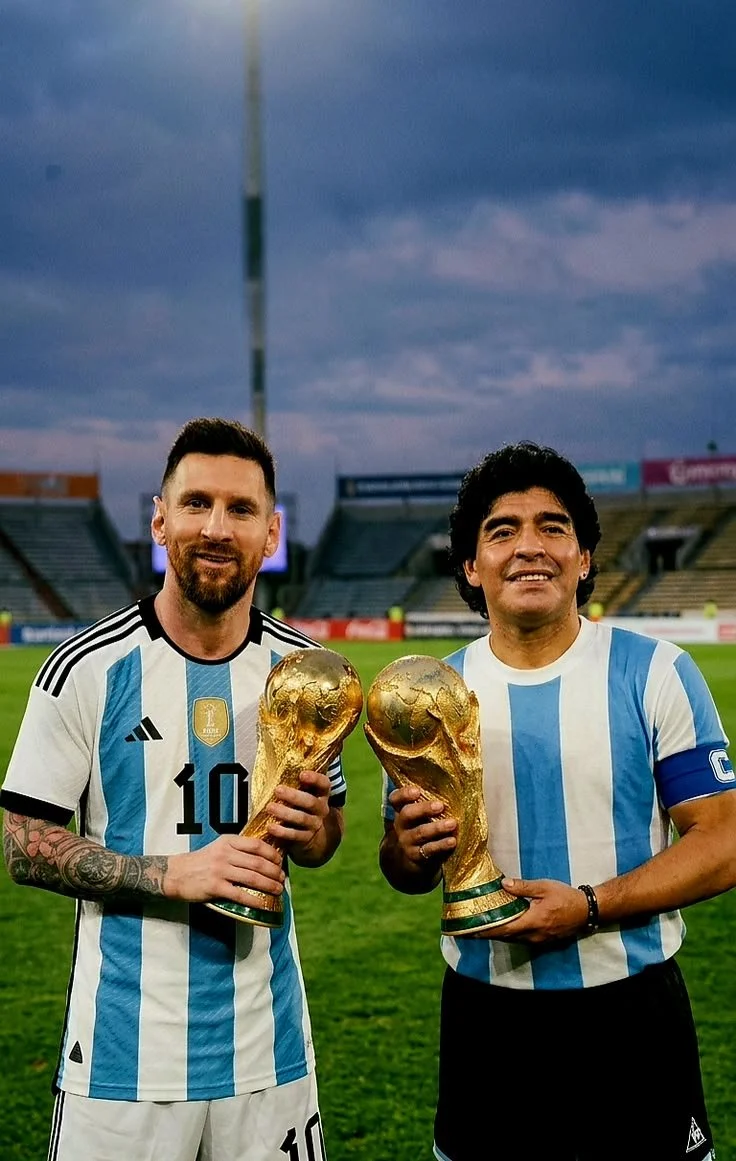 lionel messi and diego maradona with world cup trophy for argentina