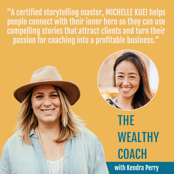 Promotional graphic for Kendra Perry's coaching program featuring a smiling woman with a hat and blonde hair on the left, and a smaller, circular portrait of another woman with dark hair on the right. The background is tan and blue, with text promoting personal coaching and storytelling skills.