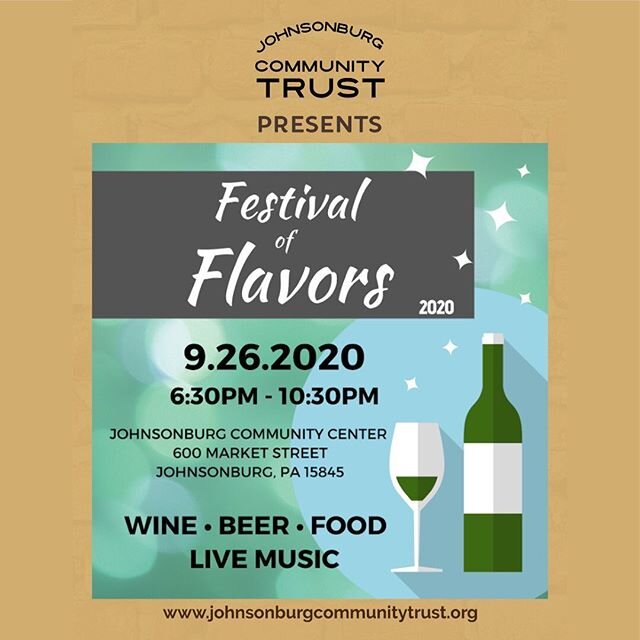 The Johnsonburg Community Trust presents our 2nd annual Festival of Flavors on Saturday, September 26th, 2020, from  6:30 pm &ndash; 10:30 pm.

Please join us during this unique, cultural-heritage outdoor event, at the historic Johnsonburg Community 