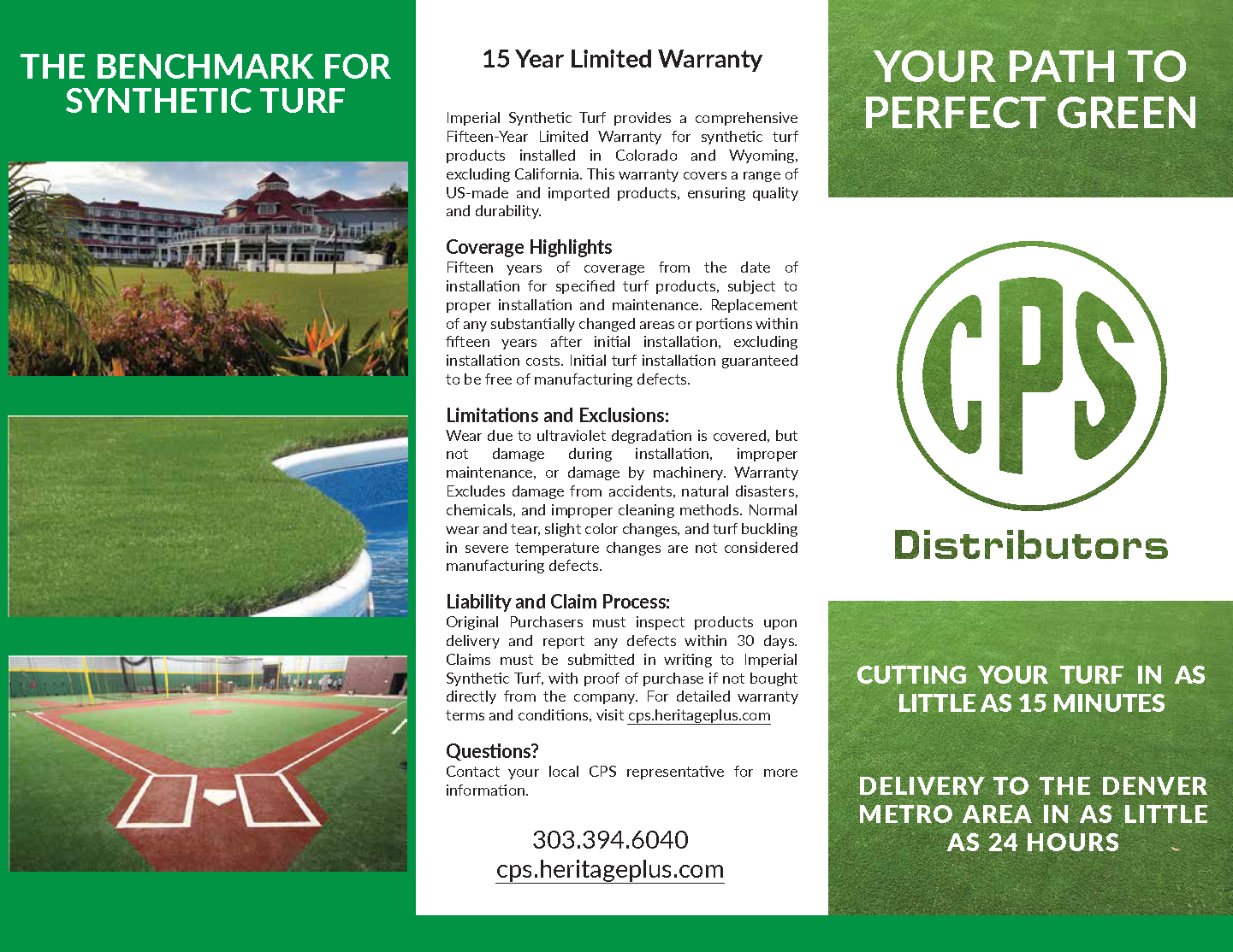 Outer side of tri-fold brochure for synthetic turf.
