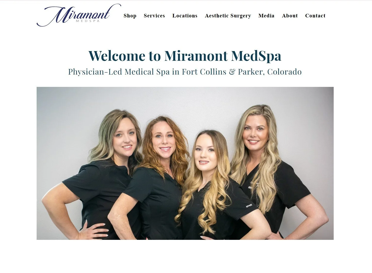 Preview of Miramont MedSpa website with header menu and hero image of 4 smiling estheticians.
