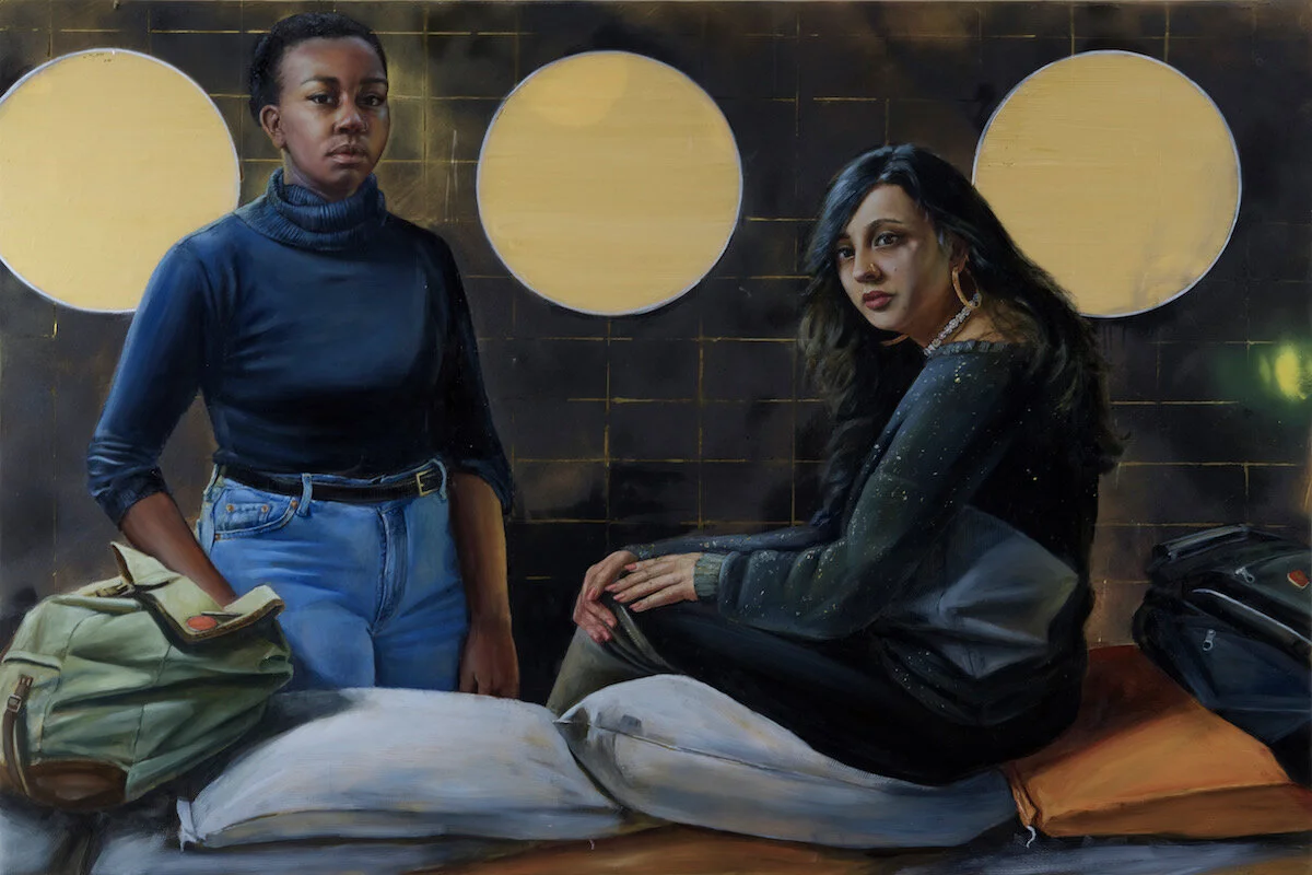   Frontline,   40 x 60”  Emergency Blanket, Resin and Oil on Panel 