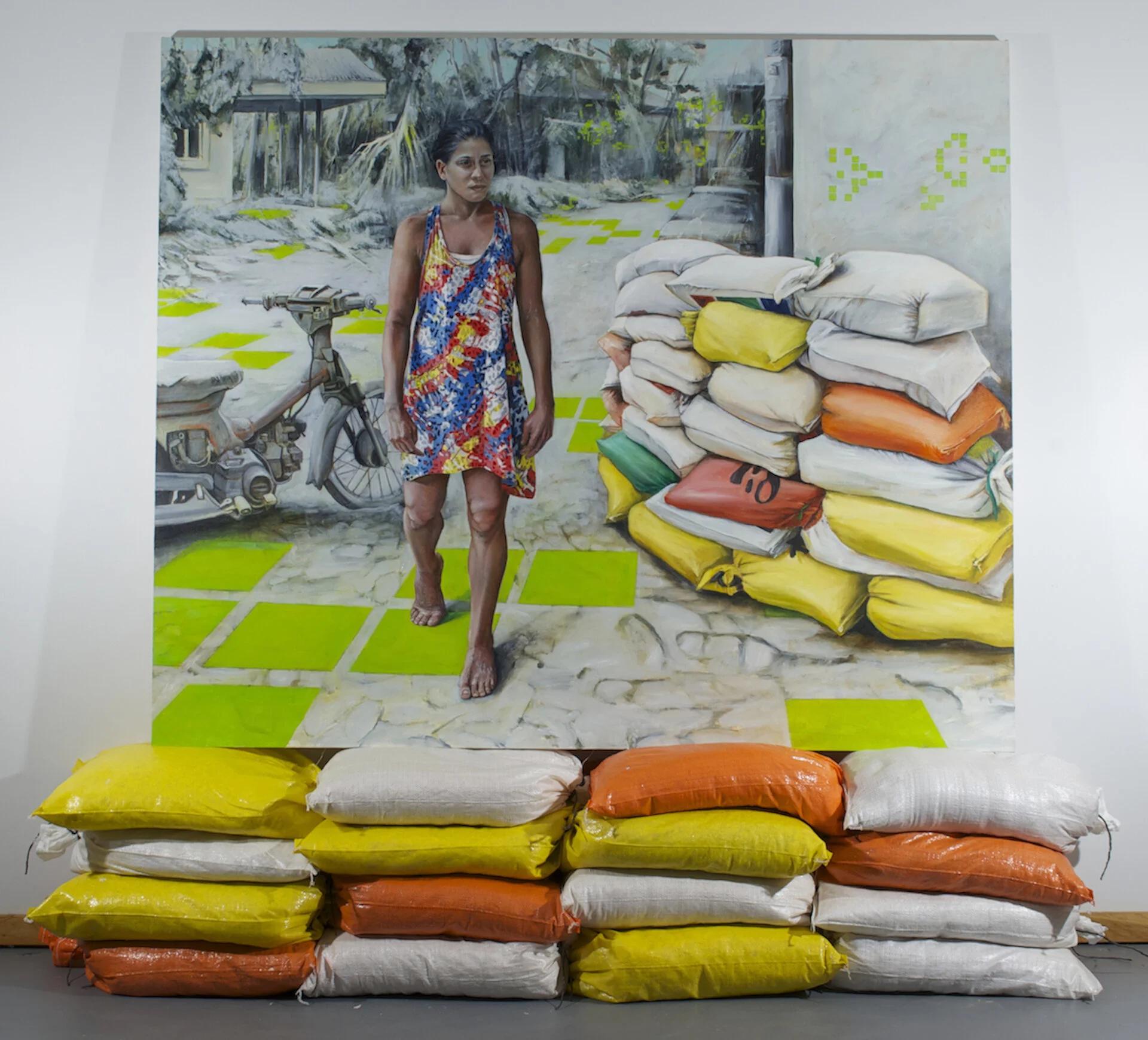   Chaotic Patterns,  60 x 72”  Oil on Canvas with Sandbags 