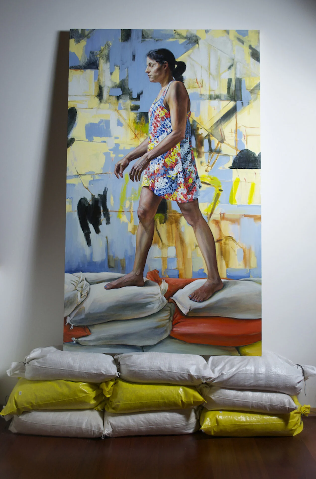   Shifting, 74 x 44”   Oil on Canvas with Sandbags 