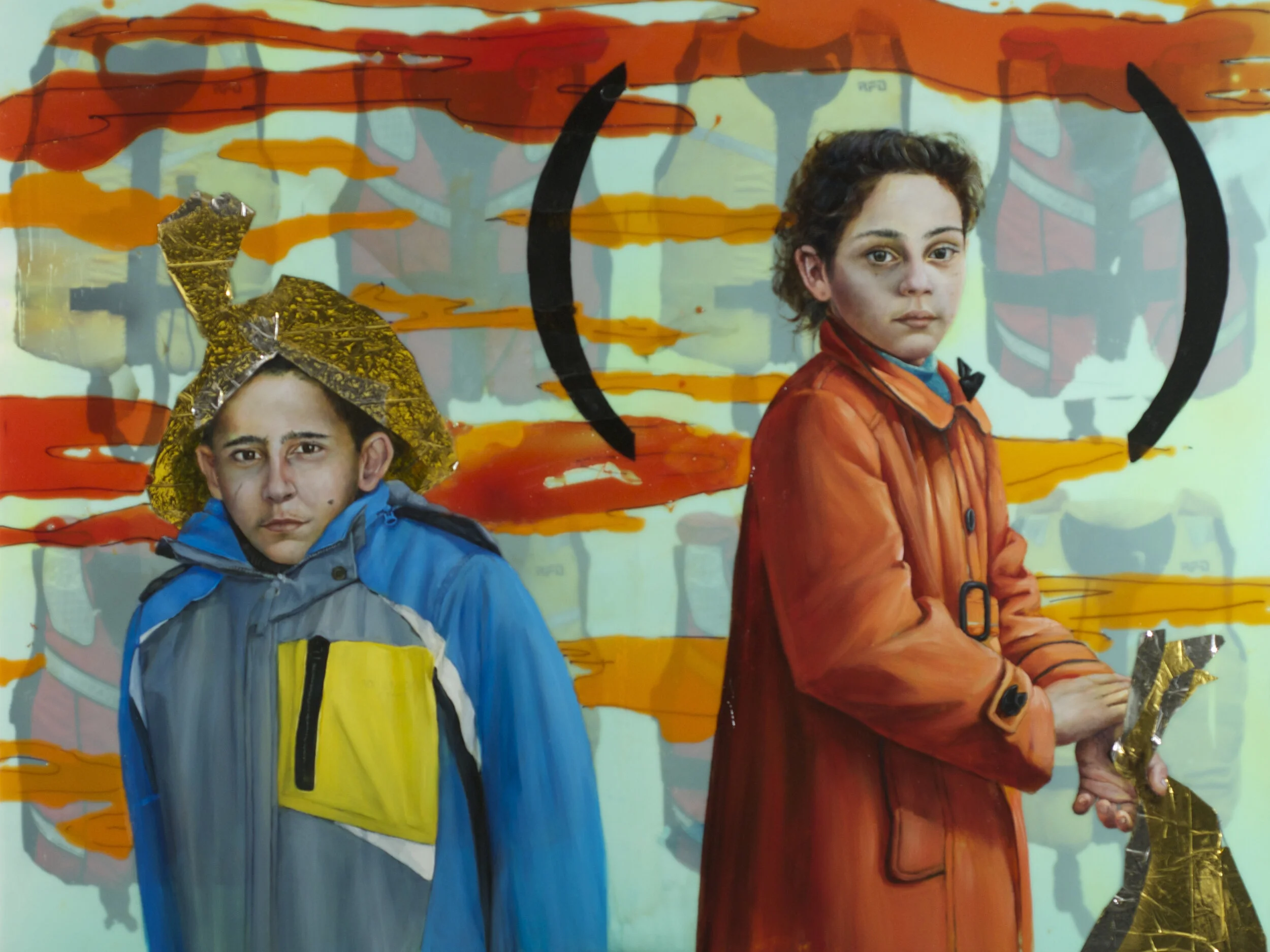   Shipmates,  36 x 48" Transfers, Resin, Emergency Blanket and Oil on Panel 