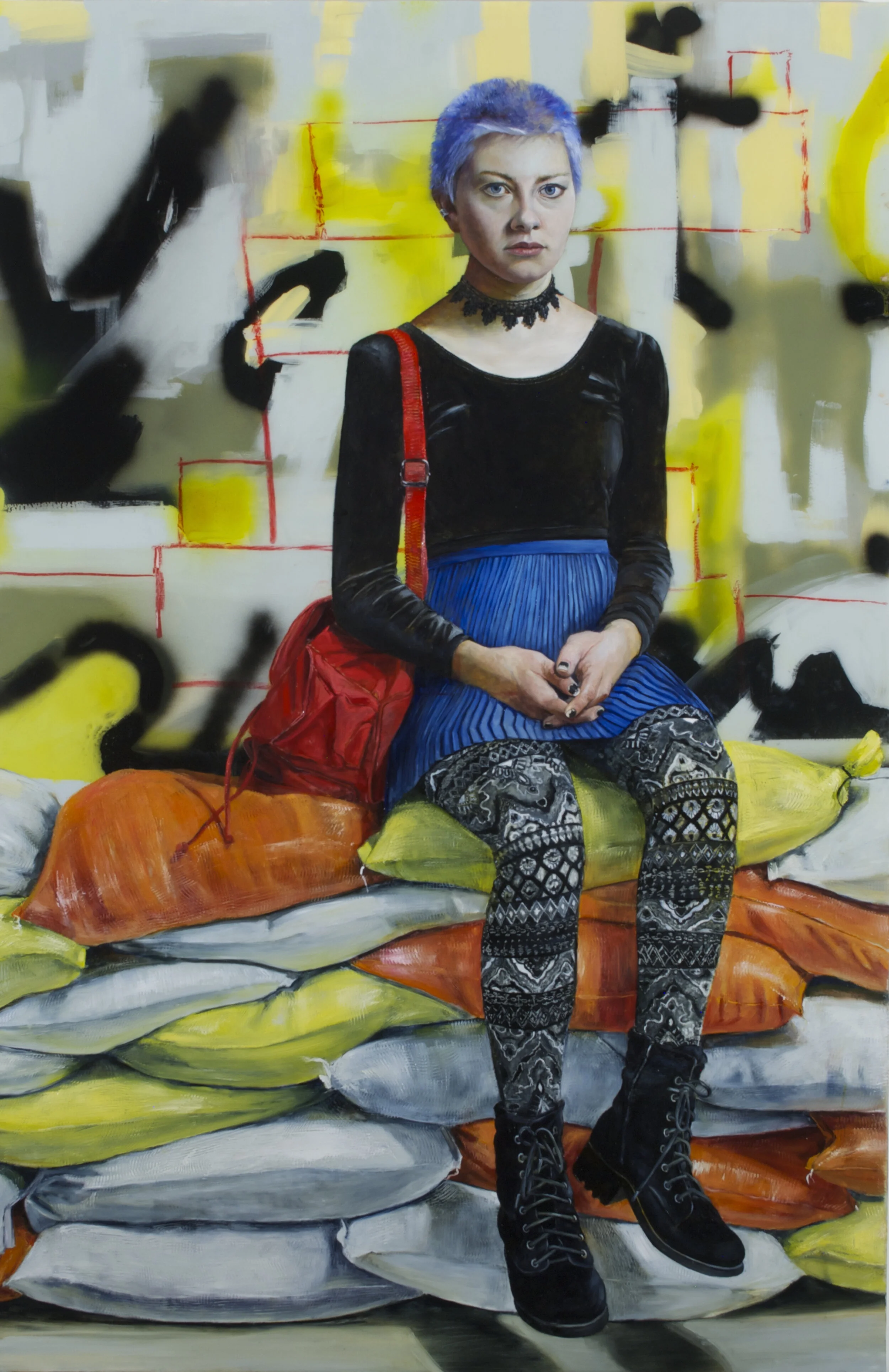   Embarking,  50 x 38” Acrylic, Spray Paint, Resin and Oil on Panel 