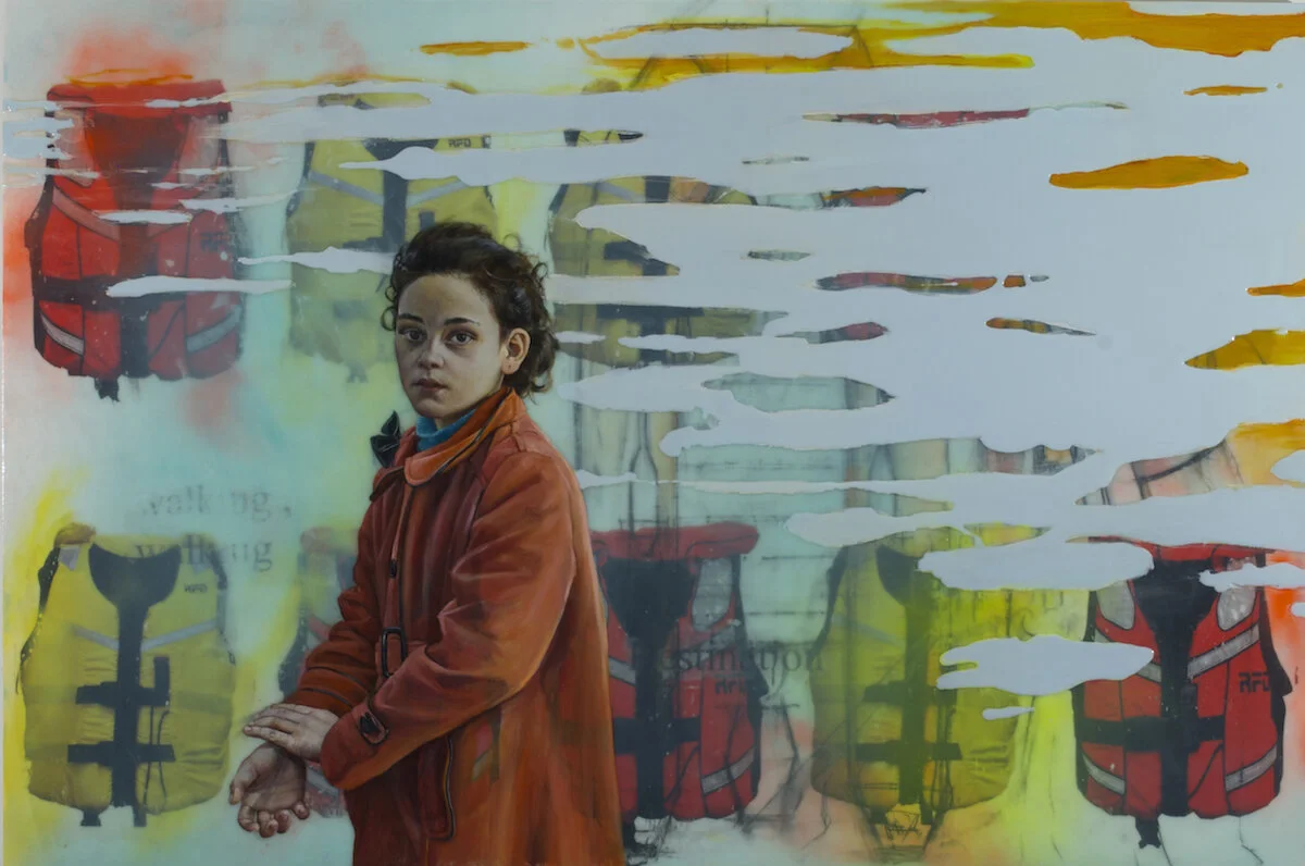   Debarking,  40 x 48” Transfers, Spay Paint, Resin and Oil on Panel 