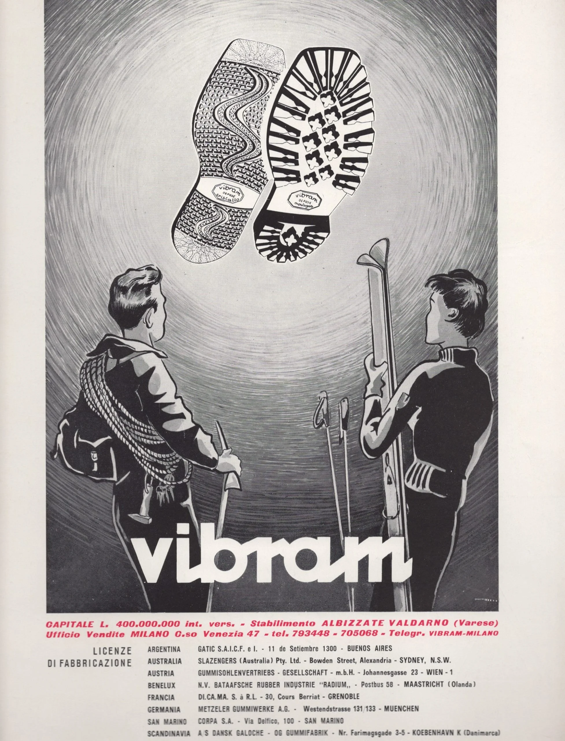 47. Vintage Vibram mountaineering advertisement showing climbers with ice axes looking toward floating outsole designs.jpg