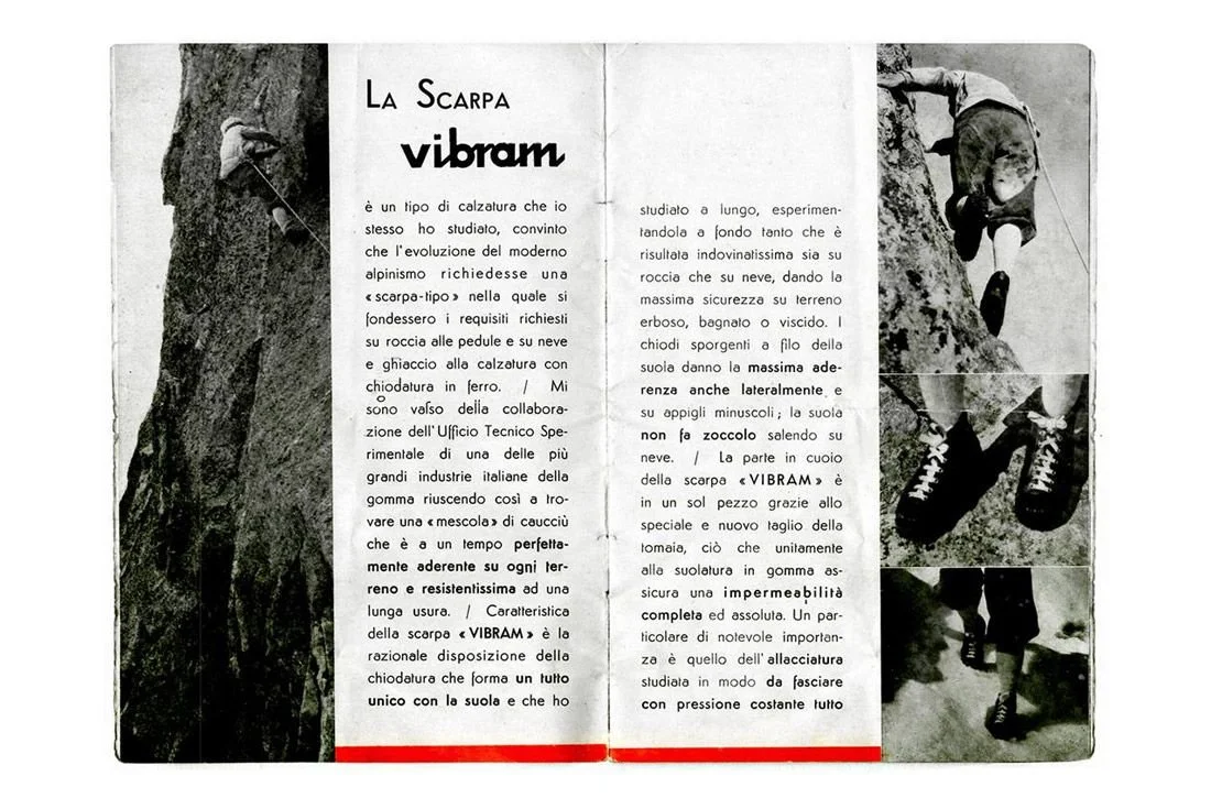 53. Interior spread of vintage Vibram brochure showing climbers on rock faces and Italian product text.jpg