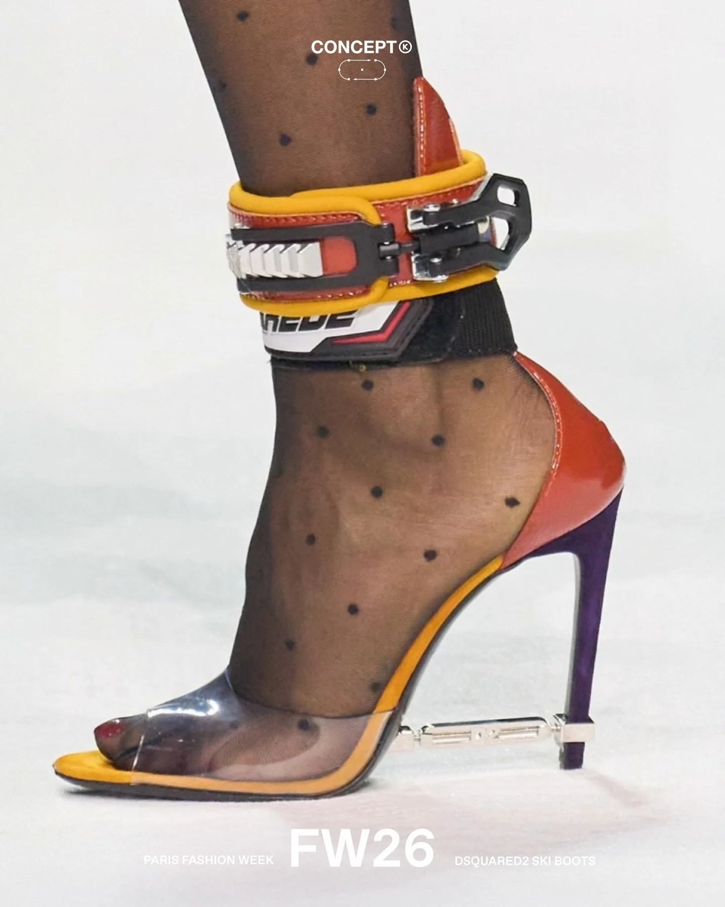 Alpine hardware re-engineered.

During FW26 in Paris @dsquared2 double downed on their winter sport form language. Ski boots exaggerated into sculptural objects, tensioned with buckles and raised off the floor. 

A little nod back to the iconic Skate