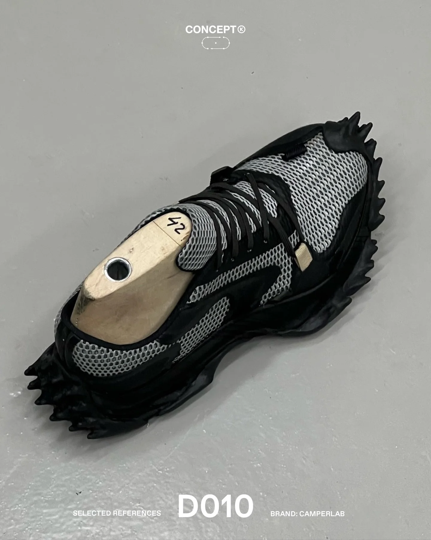 (D)evelopment &rarr; CAMPERLAB Tornado

Exploring the outsole as a full-body system. A spiked rubber compound extends from heel to toe, engineered for traction while redefining the silhouette. 

A one-piece KPU structure wraps the upper for durabilit