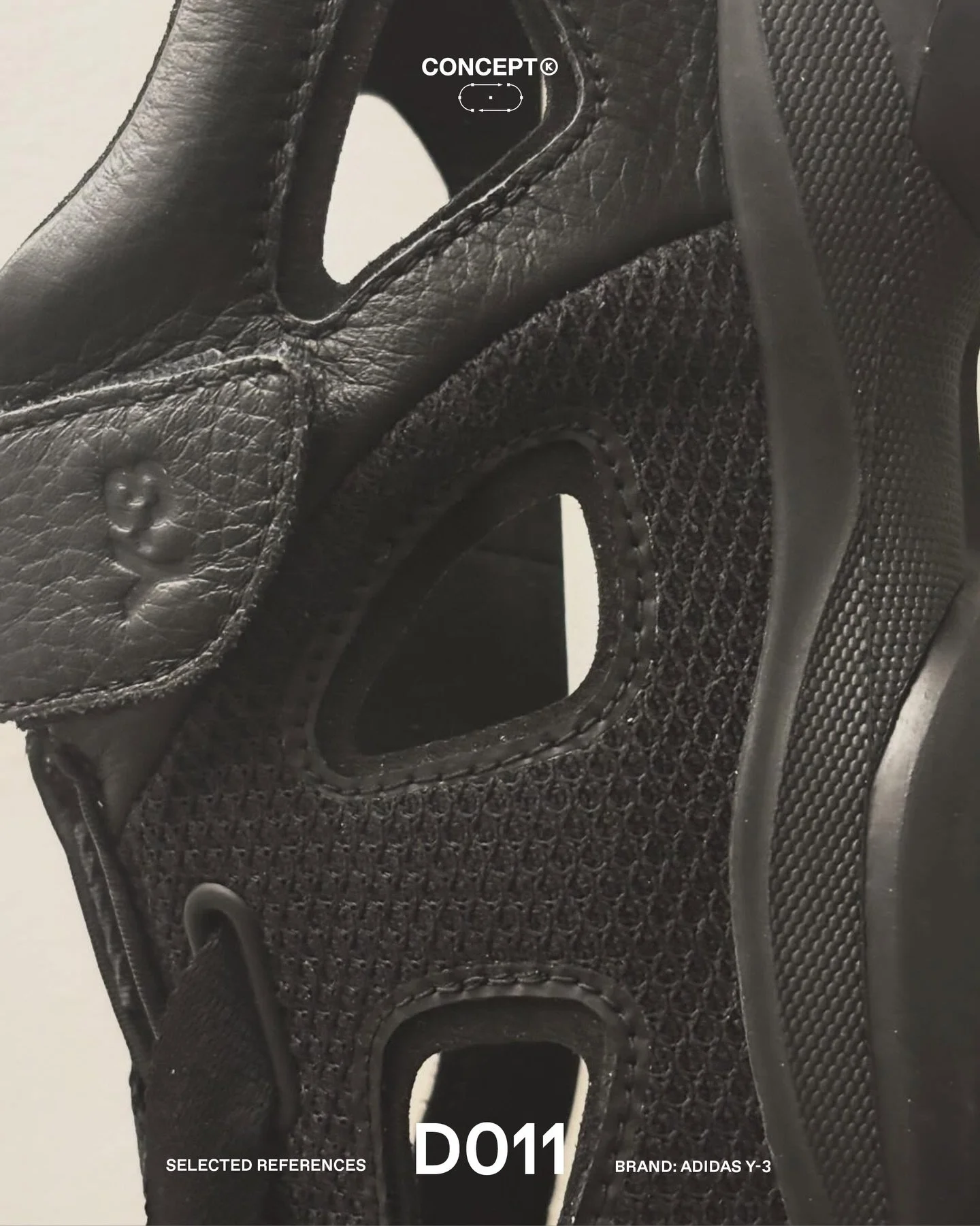 (D)evelopment &rarr; ADIDAS Y-3 GSCG9 Sandal

A summer adaptation of an existing tactical platform. The upper is re-engineered through precise cut-outs, introducing airflow while maintaining structural integrity.