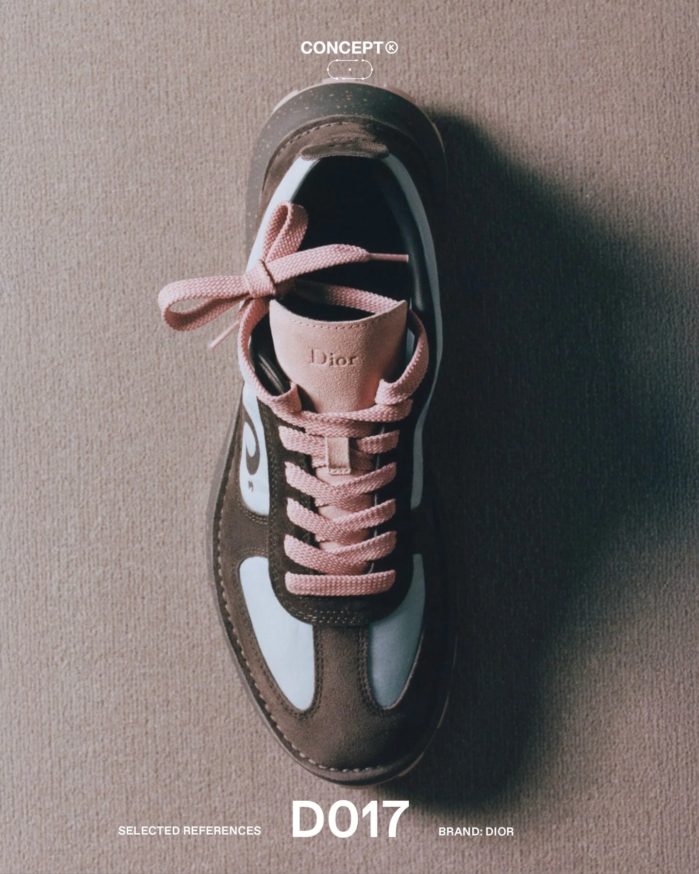 (D)evelopment &rarr; Dior Squash

A construction-led approach defines the Dior Squash, using stitchdown to externalise how the upper is secured-turning a typically hidden connection into a visible perimeter detail.

The upper combines suede calfskin 