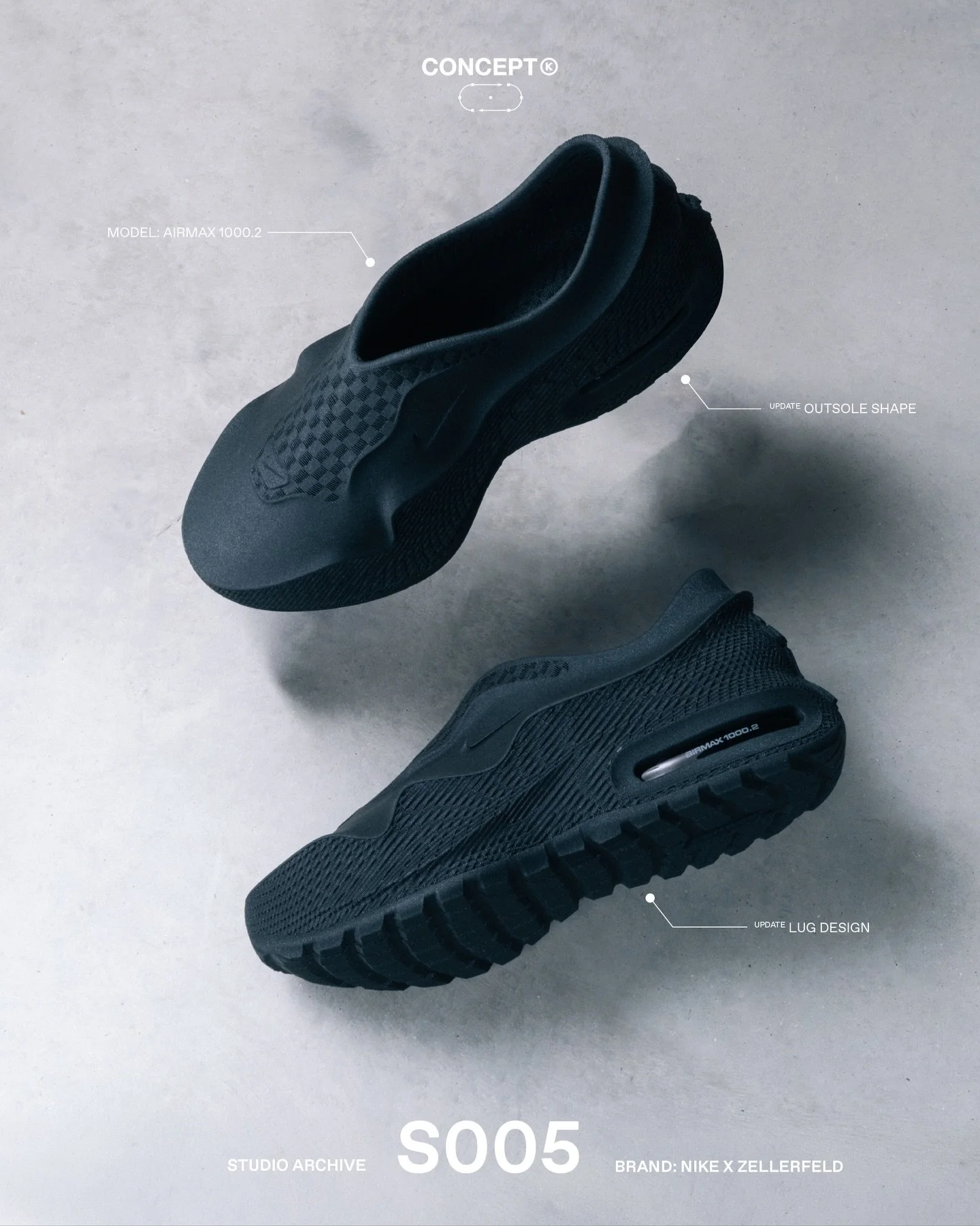 (S)tudio &rarr; Nike x Zellerfeld AIRMAX 1000.2

Released in close succession, the shift is visible - iterations happening in real time. Subtle adjustments point toward a system being optimised live: faster, cleaner, more resolved. A rare moment wher