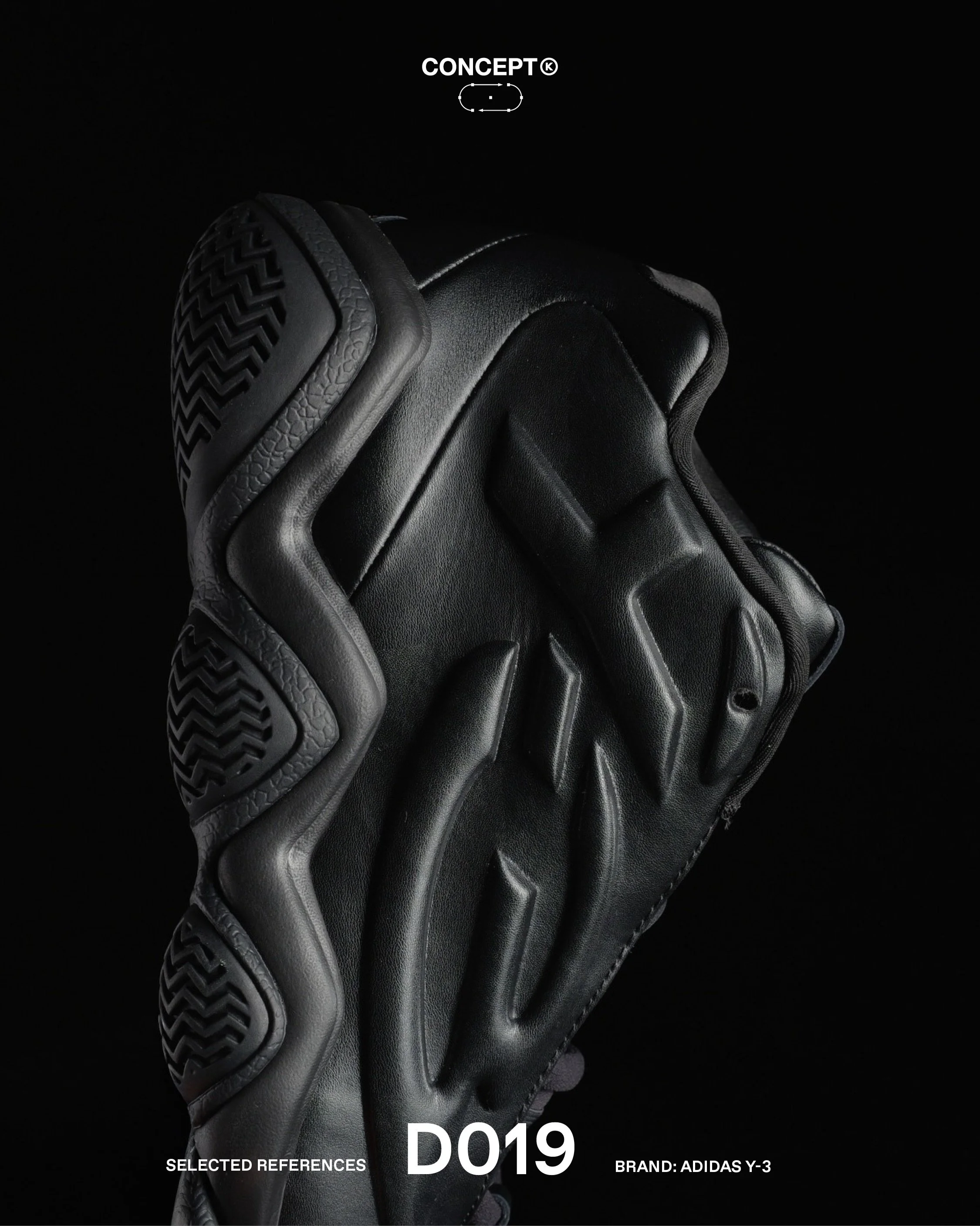 Development &rarr; adidas Y-3 Megaball

Built from the adidas EQT Top Ten, the silhouette is reworked through scale, material, and surface. The lateral side is stripped back and softened, while the medial retains the original linework, holding the st